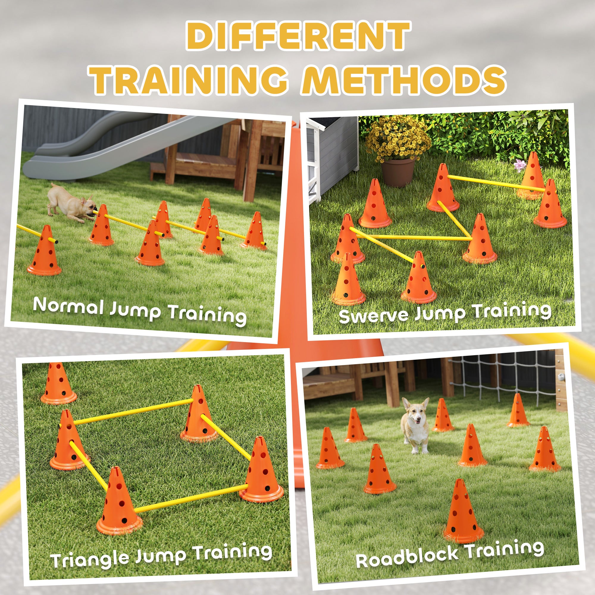 Dog Agility Equipment Set, Portable Pet Jump Training Kit for Eight Cones, Eight Poles with Carry Bag, Four-Piece Adjustable Height Jumping Obstacles, Orange