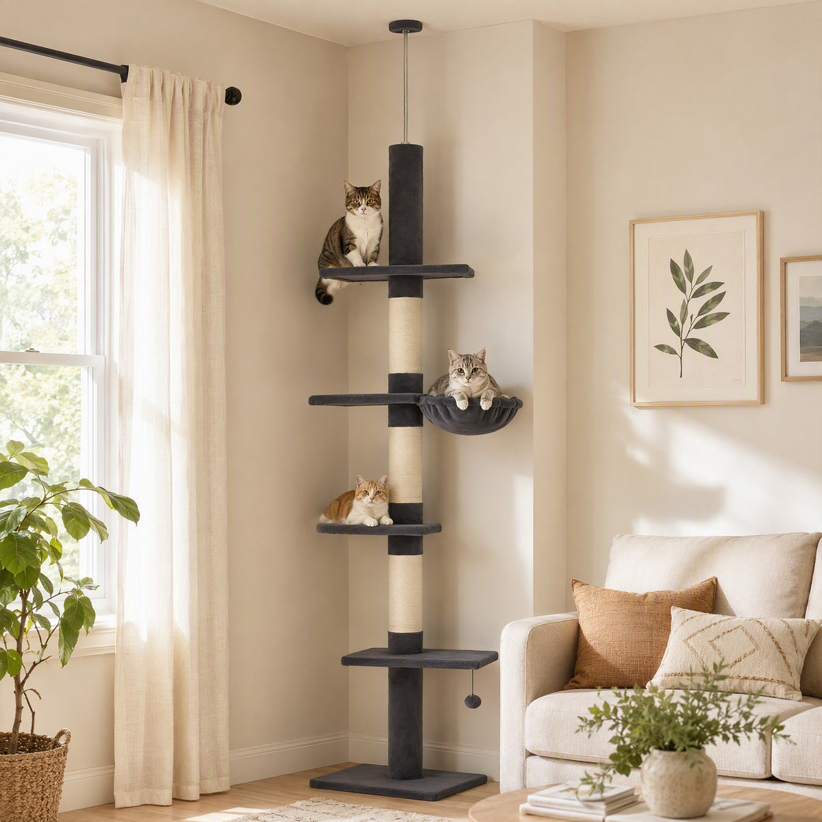 Floor-to-Ceiling Cat Tree, 88.6"-100.4" Adjustable 5-Level Cat Tower with Hammock, 3 Sisal Scratching Posts, Toy Ball, Anti-Tip Rope, Dark Grey