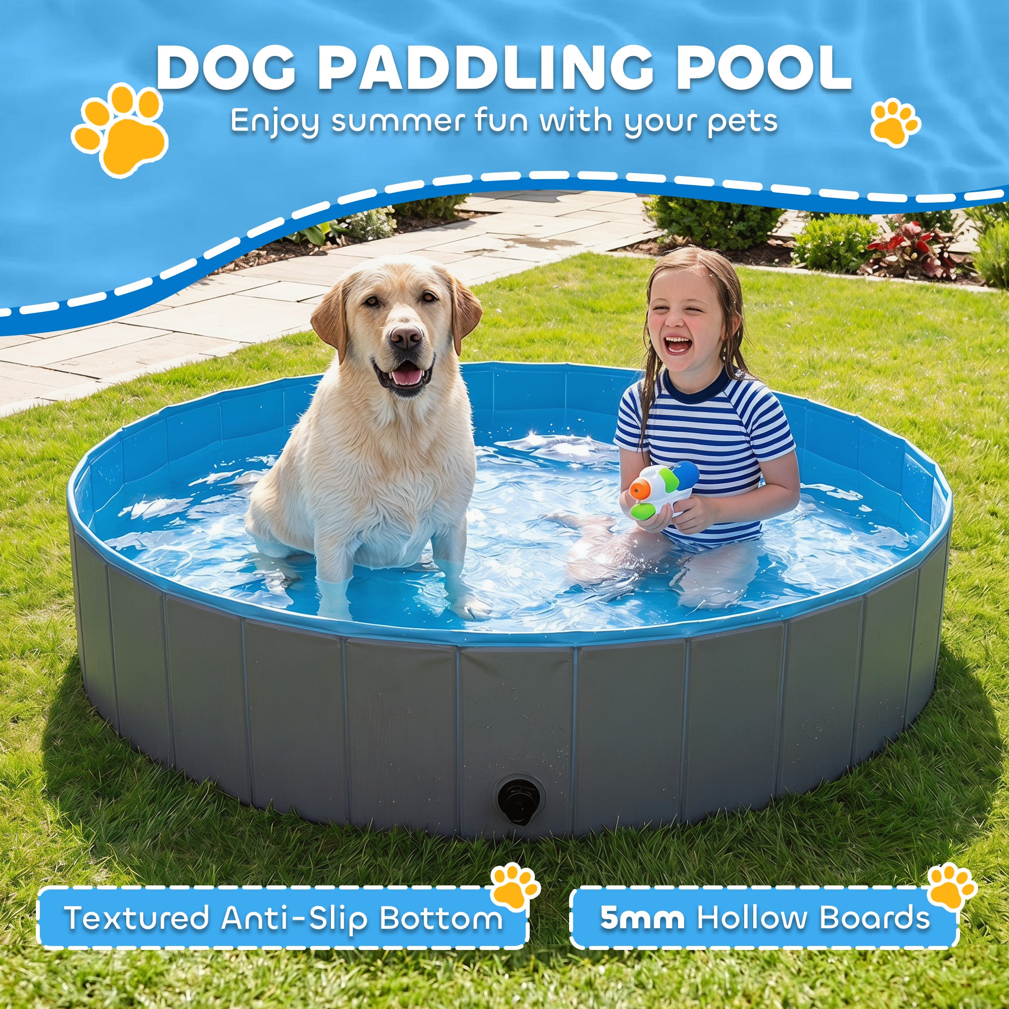 Foldable Dog Pool for Puppies and Ducks, Thickened PVC Dog Paddling Pool Bath Tub Hard Board, Anti-Slip Bottom and Hose Adapter for Easy Drainage, 160 x 30cm, Blue and Dark Grey