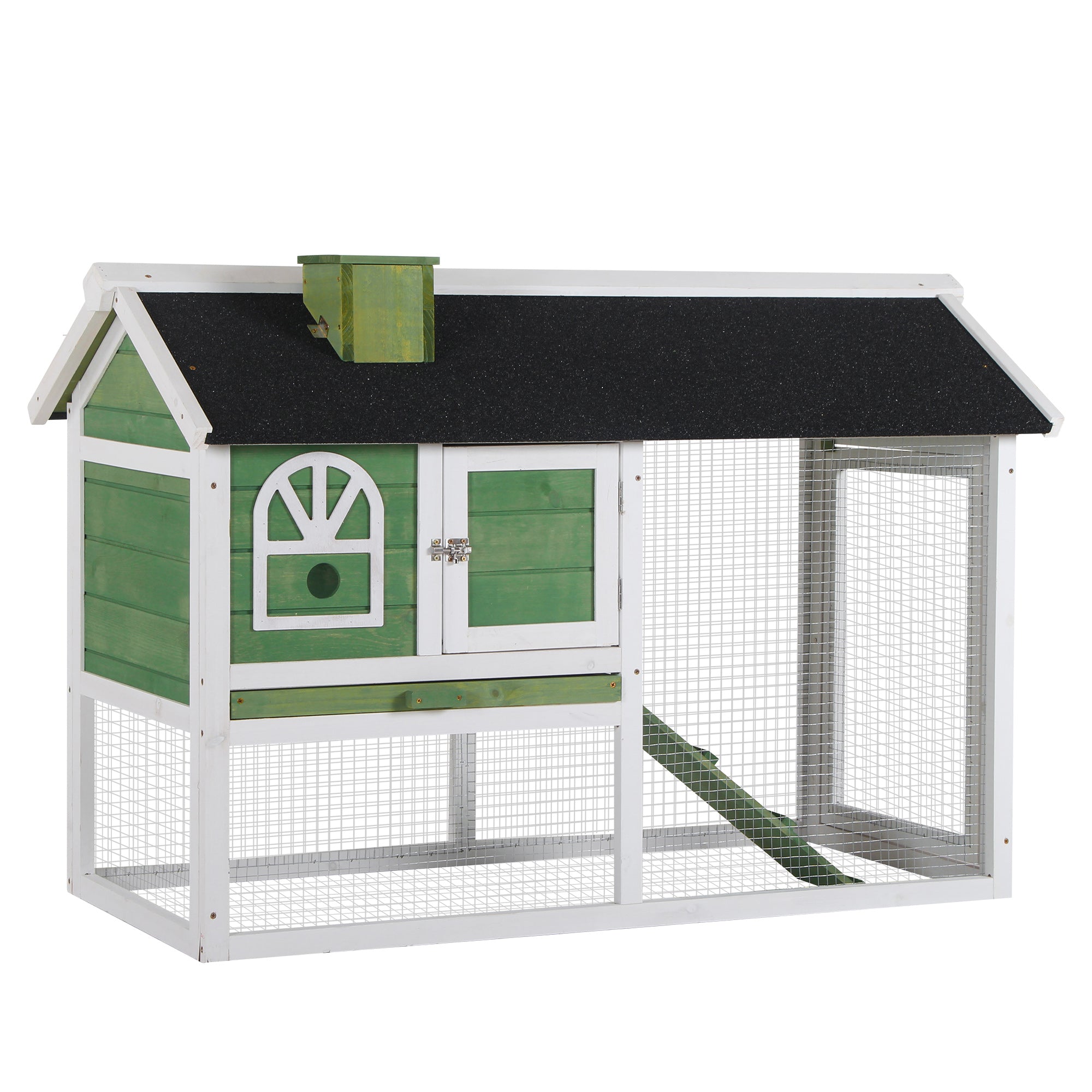 2 Tiers Rabbit Hutch and Run Wooden Guinea Pig Hutch Outdoor with Sliding Tray, Ramp, Water-resistant Roof, for 2-4 Rabbits, Green