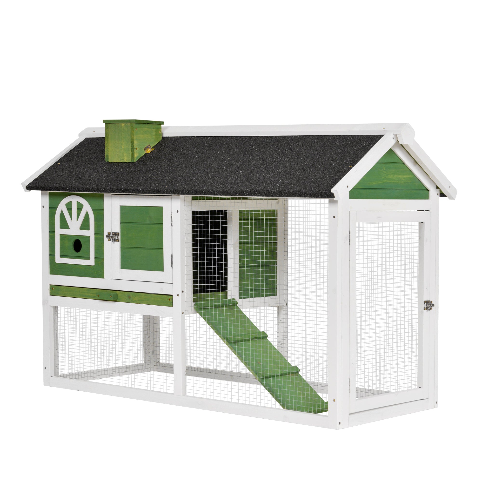 2 Tiers Rabbit Hutch and Run Wooden Guinea Pig Hutch Outdoor with Sliding Tray, Ramp, Water-resistant Roof, for 2-4 Rabbits, Green