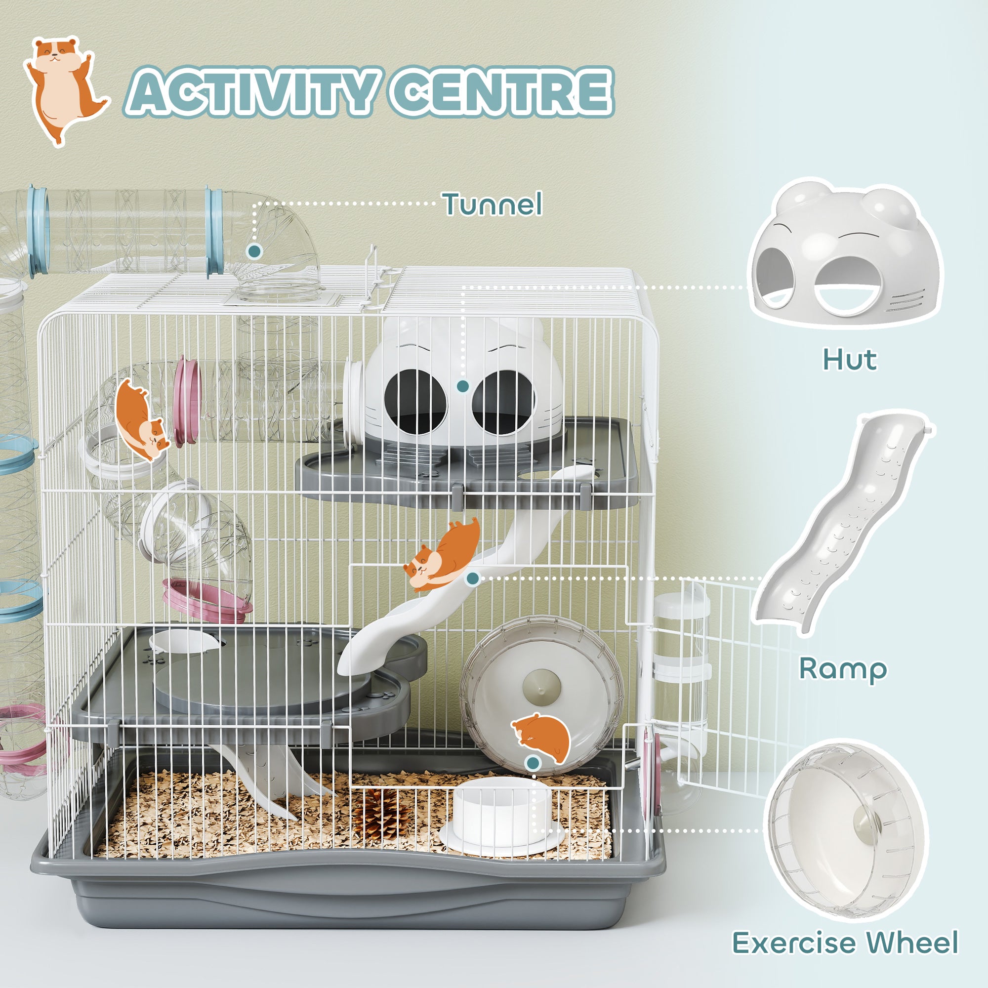 3-Tier Hamster Cage, Portable Gerbil Cage with Exercise Wheel, Tunnel, Water Bottle, Food Dish, Hut, Ramp, for Dwarf Hamsters, Mouse, 17.7" x 11.8" x 17.7", Grey