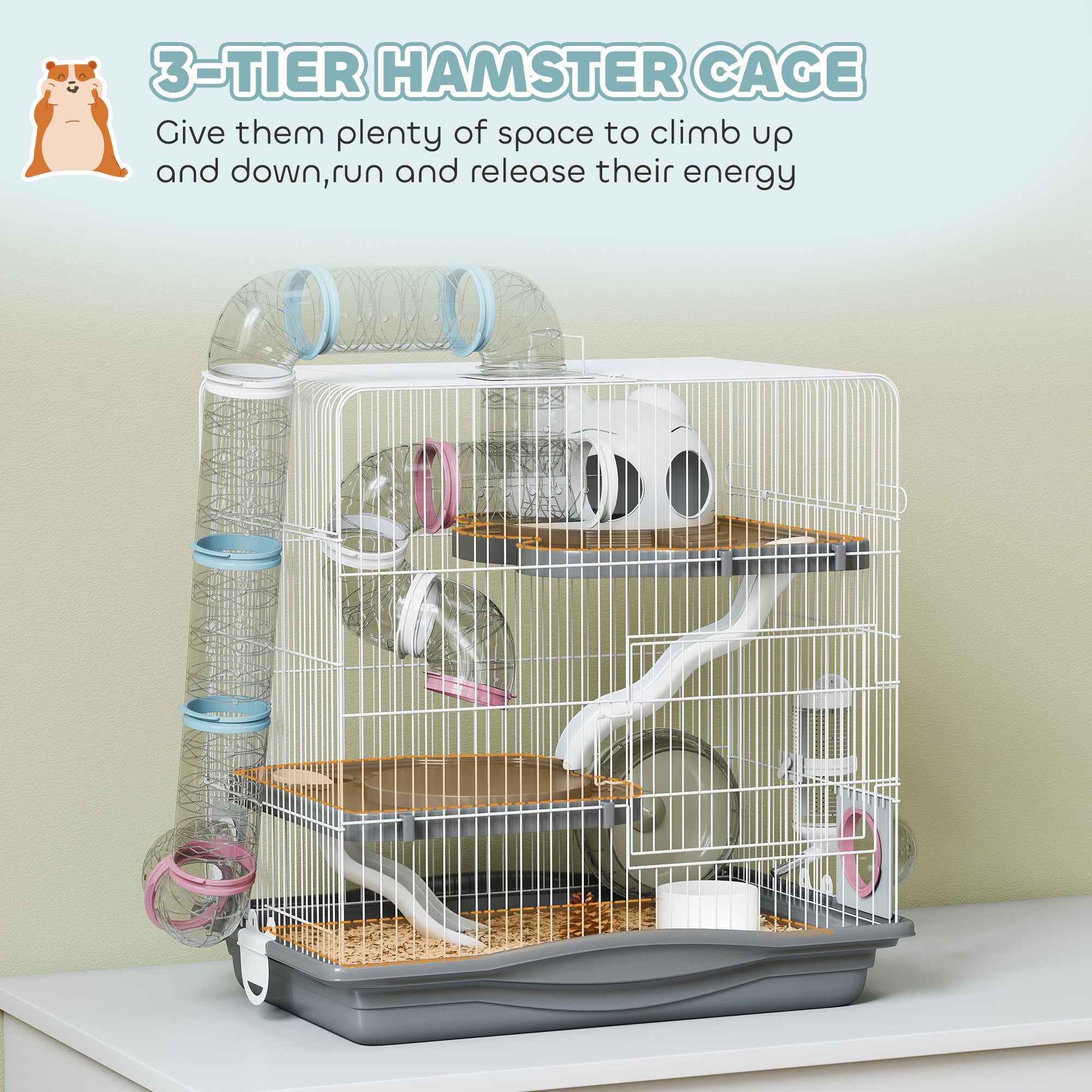 3-Tier Hamster Cage, Portable Gerbil Cage with Exercise Wheel, Tunnel, Water Bottle, Food Dish, Hut, Ramp, for Dwarf Hamsters, Mouse, 17.7" x 11.8" x 17.7", Grey