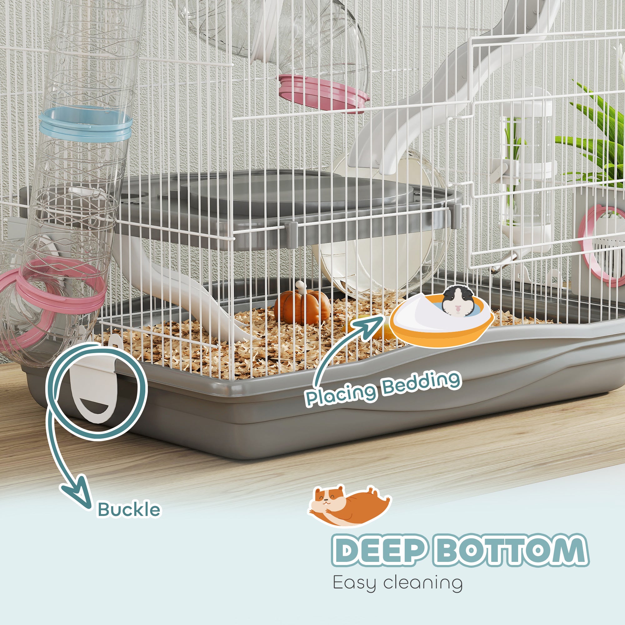 3-Tier Hamster Cage, Portable Gerbil Cage with Exercise Wheel, Tunnel, Water Bottle, Food Dish, Hut, Ramp, for Dwarf Hamsters, Mouse, 17.7" x 11.8" x 17.7", Grey