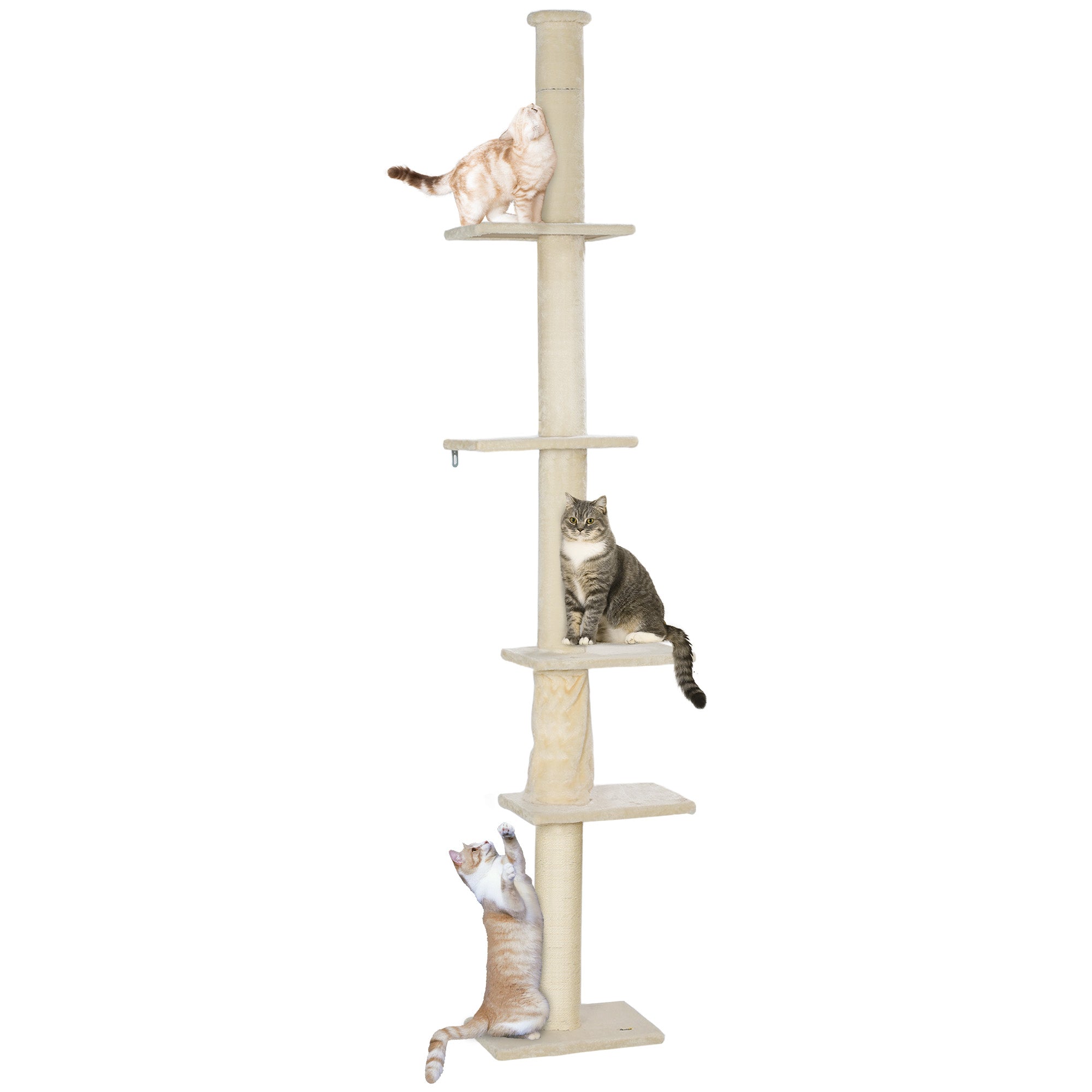 PawHut Floor to Ceiling Cat Tree, 89"-108" 5 Tier Cat Tower with Scratching Post, Hand Crank & Anti-Tip Kit, Tall Cat Tree for Indoor Cats, Kittens, Cream White