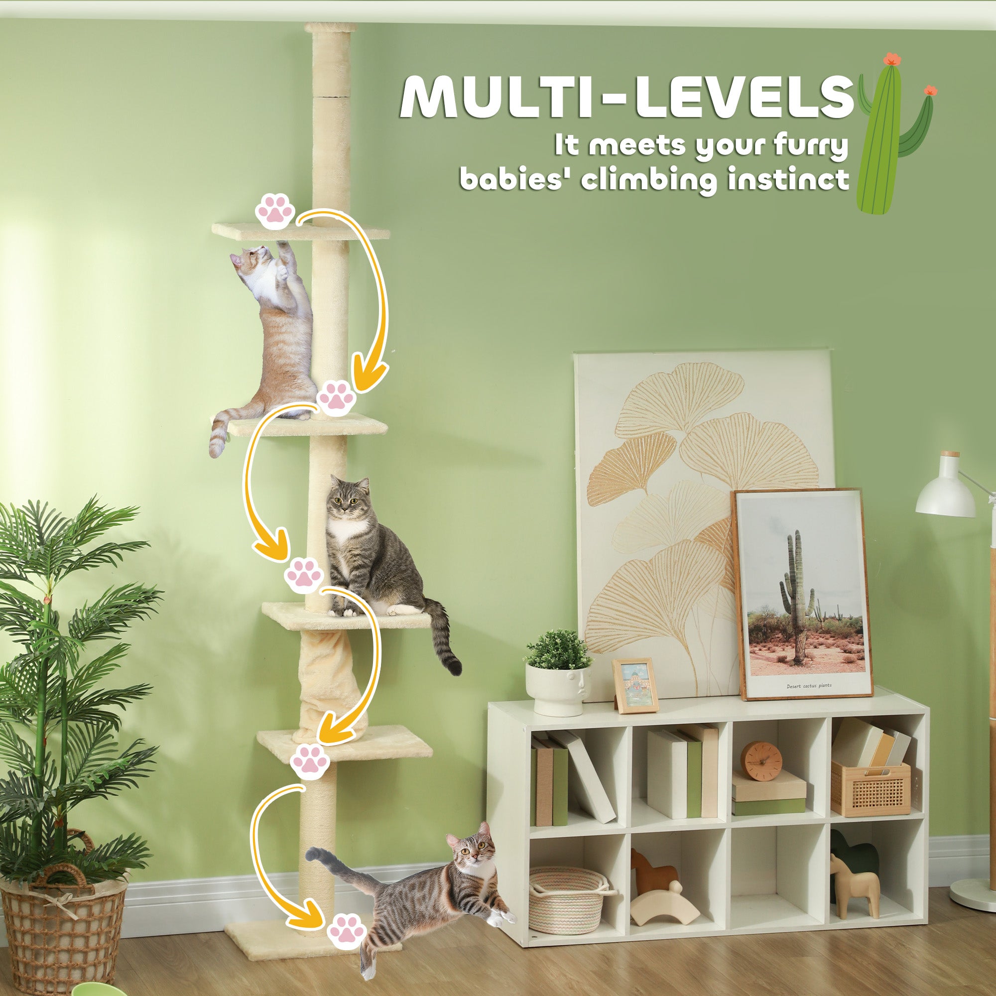 PawHut Floor to Ceiling Cat Tree, 89"-108" 5 Tier Cat Tower with Scratching Post, Hand Crank & Anti-Tip Kit, Tall Cat Tree for Indoor Cats, Kittens, Cream White