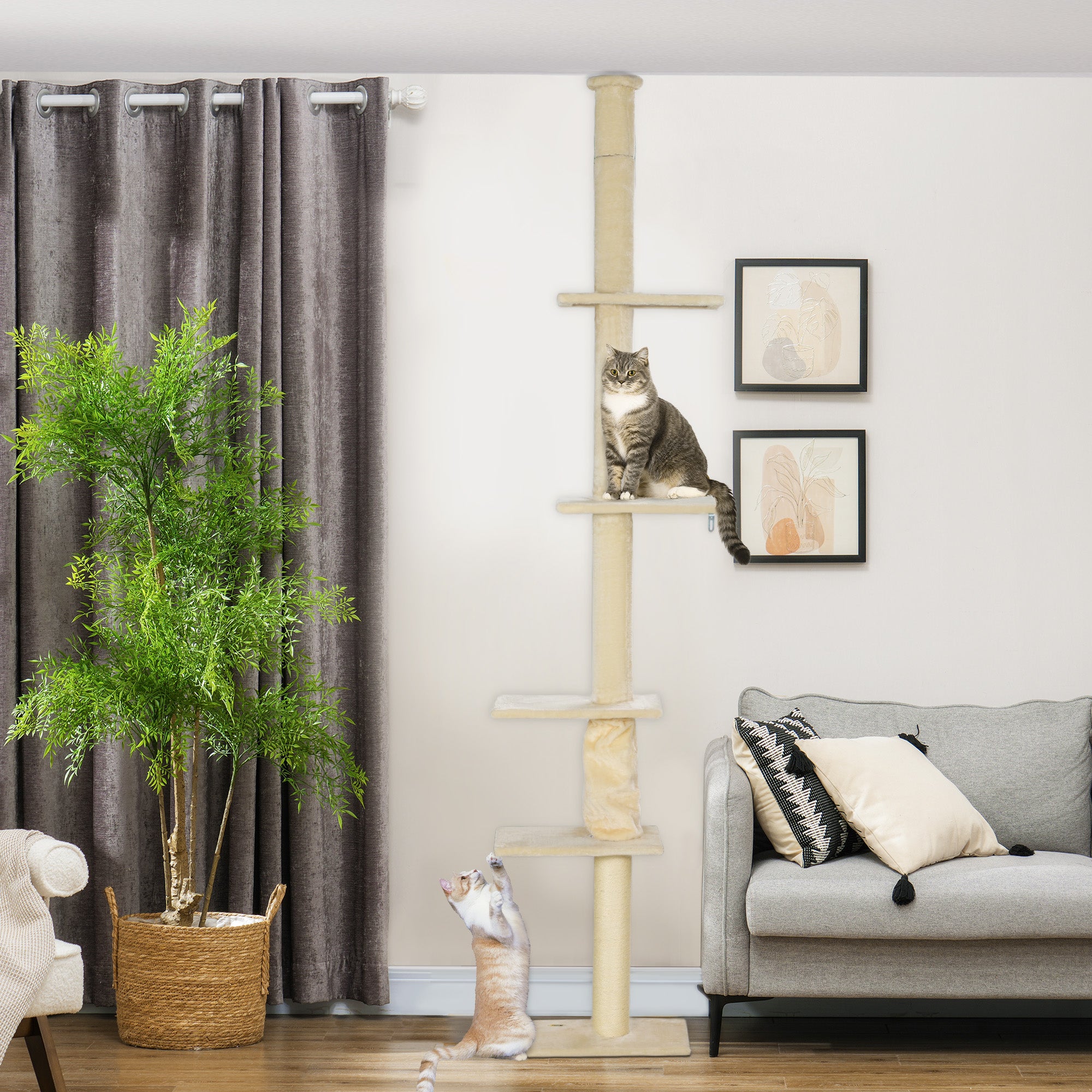 PawHut Floor to Ceiling Cat Tree, 89"-108" 5 Tier Cat Tower with Scratching Post, Hand Crank & Anti-Tip Kit, Tall Cat Tree for Indoor Cats, Kittens, Cream White