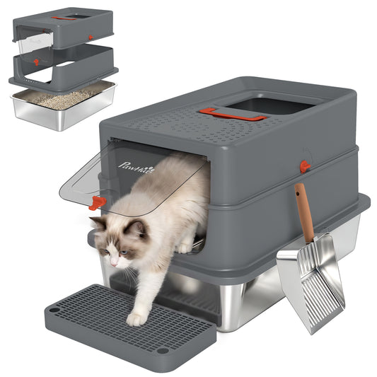 Stainless Steel Cat Litter Tray with Lid, XL 90L Enclosed Cat Litter Box with Step, Scoop, High Side, Front and Top Dual Entry, Easy to Clean, 60 x 40 x 40 cm, Dark Grey