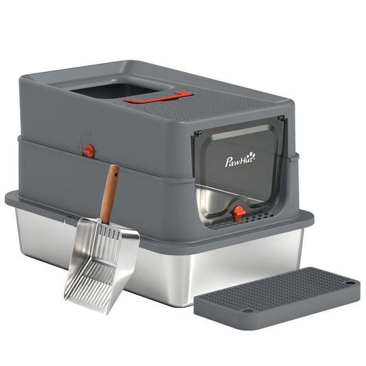 Stainless Steel Cat Litter Tray with Lid, XL 90L Enclosed Cat Litter Box with Step, Scoop, High Side, Front and Top Dual Entry, Easy to Clean, 60 x 40 x 40 cm, Dark Grey