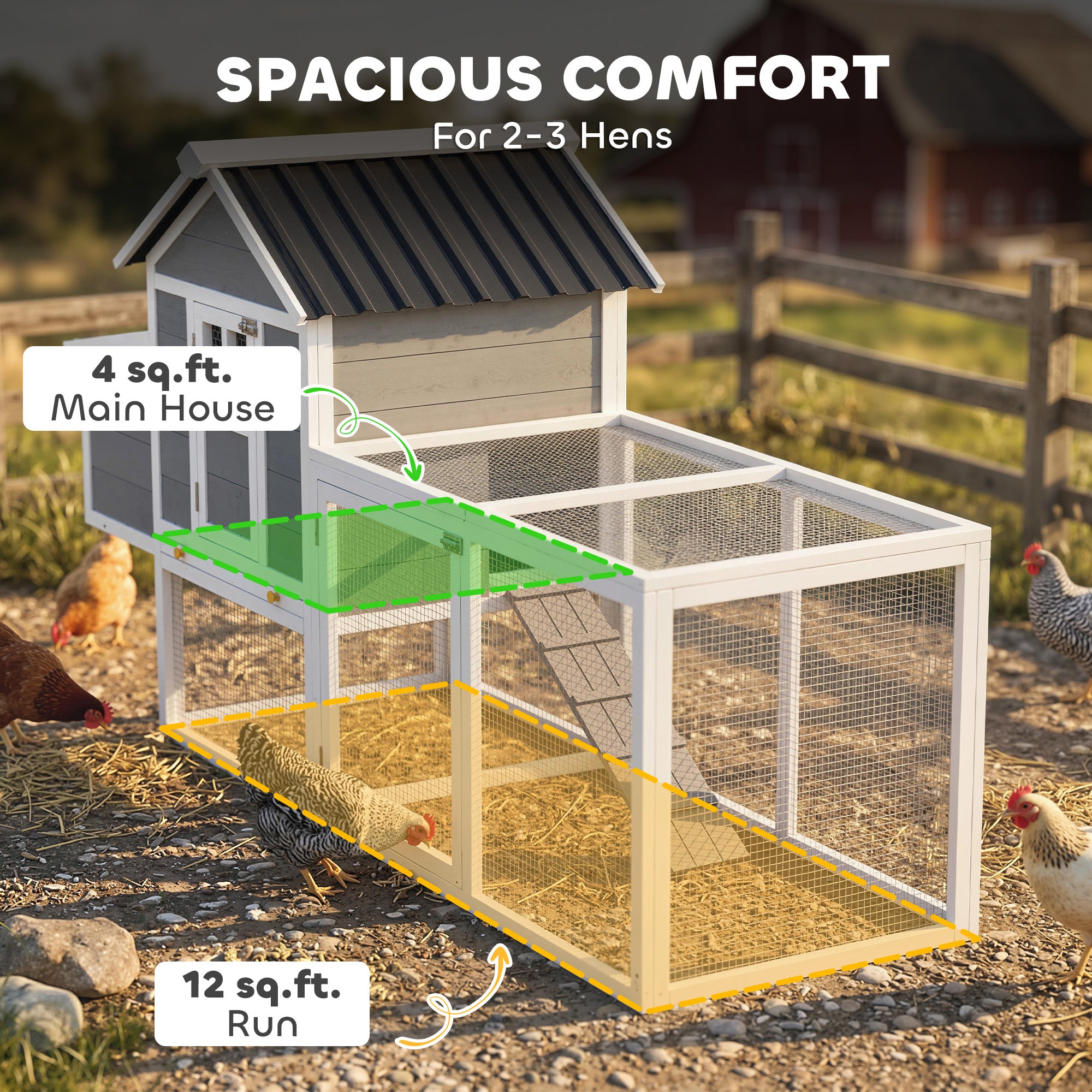 82" Wooden Chicken Coop, Large Outdoor Hen House Poultry Hutch for 2-3 Hens, Chicken House with Nesting Box, Pull-on Tray, Waterproof Roof, Ramp and Roosting Bars for Backyard, Gray