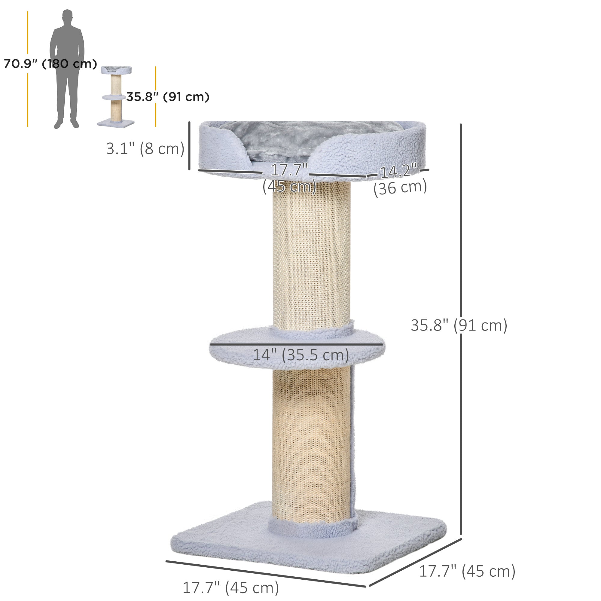 36"H Large Cat Scratching Post for Indoor Cats, Bold Cat Tree Multi-Level Kitty Tower with Sisal Mat Scratch Rope, Cat Bed, Removable Cushion, Perch, Light Blue