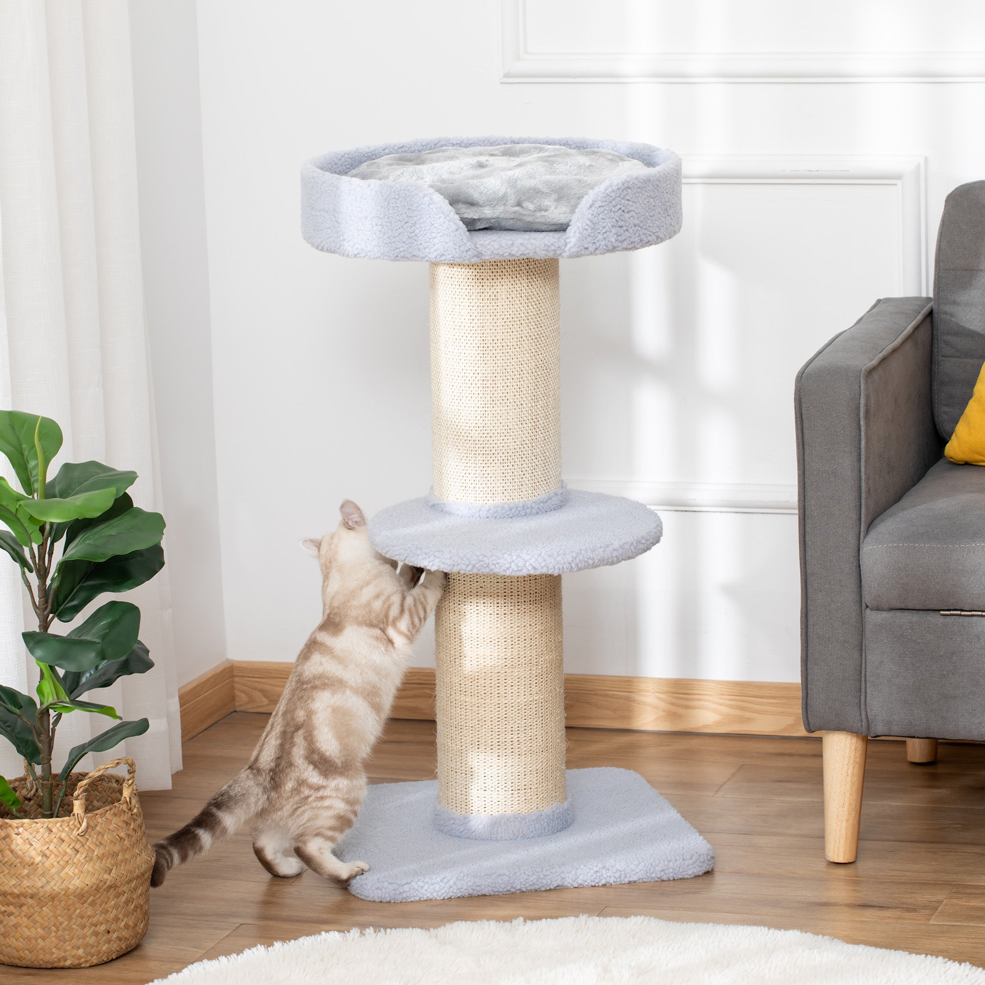 36"H Large Cat Scratching Post for Indoor Cats, Bold Cat Tree Multi-Level Kitty Tower with Sisal Mat Scratch Rope, Cat Bed, Removable Cushion, Perch, Light Blue
