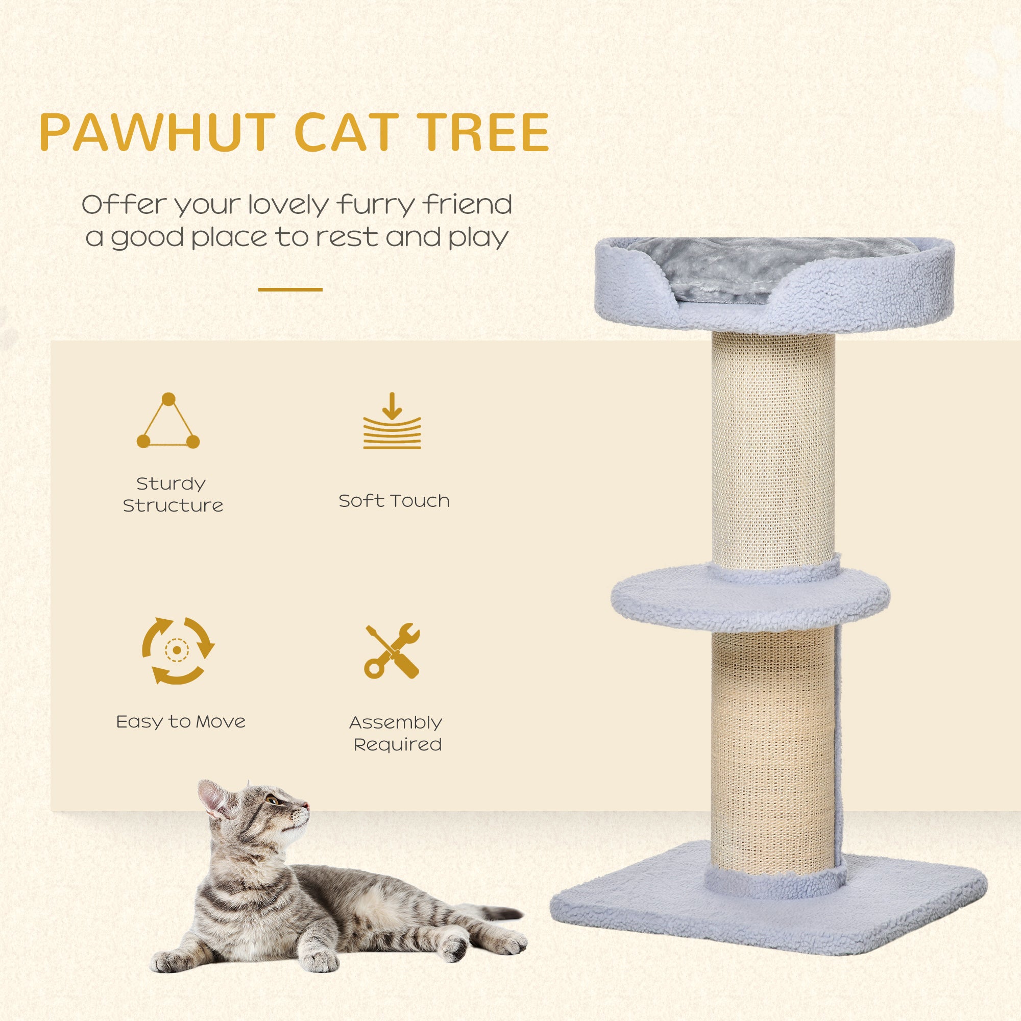 36"H Large Cat Scratching Post for Indoor Cats, Bold Cat Tree Multi-Level Kitty Tower with Sisal Mat Scratch Rope, Cat Bed, Removable Cushion, Perch, Light Blue