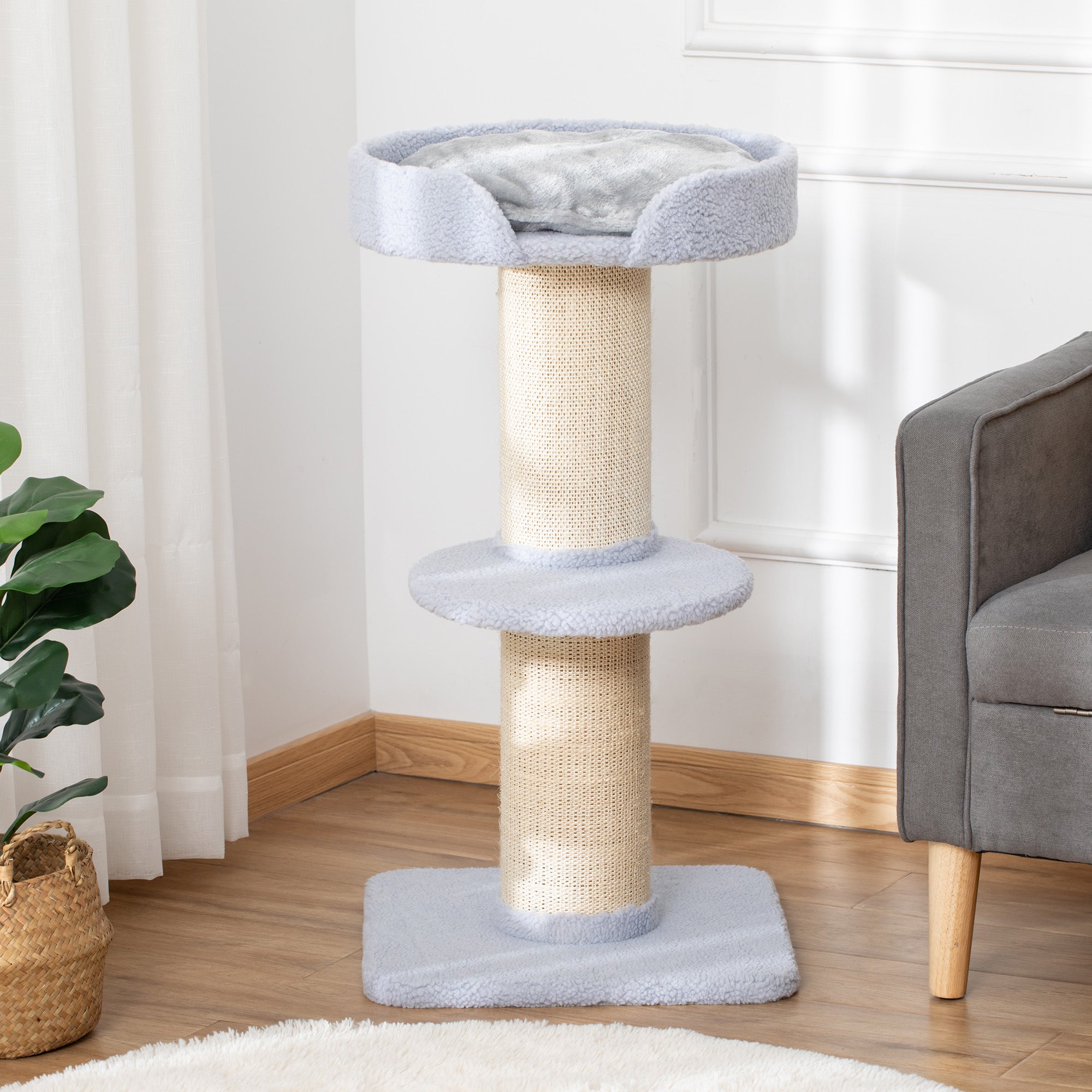36"H Large Cat Scratching Post for Indoor Cats, Bold Cat Tree Multi-Level Kitty Tower with Sisal Mat Scratch Rope, Cat Bed, Removable Cushion, Perch, Light Blue