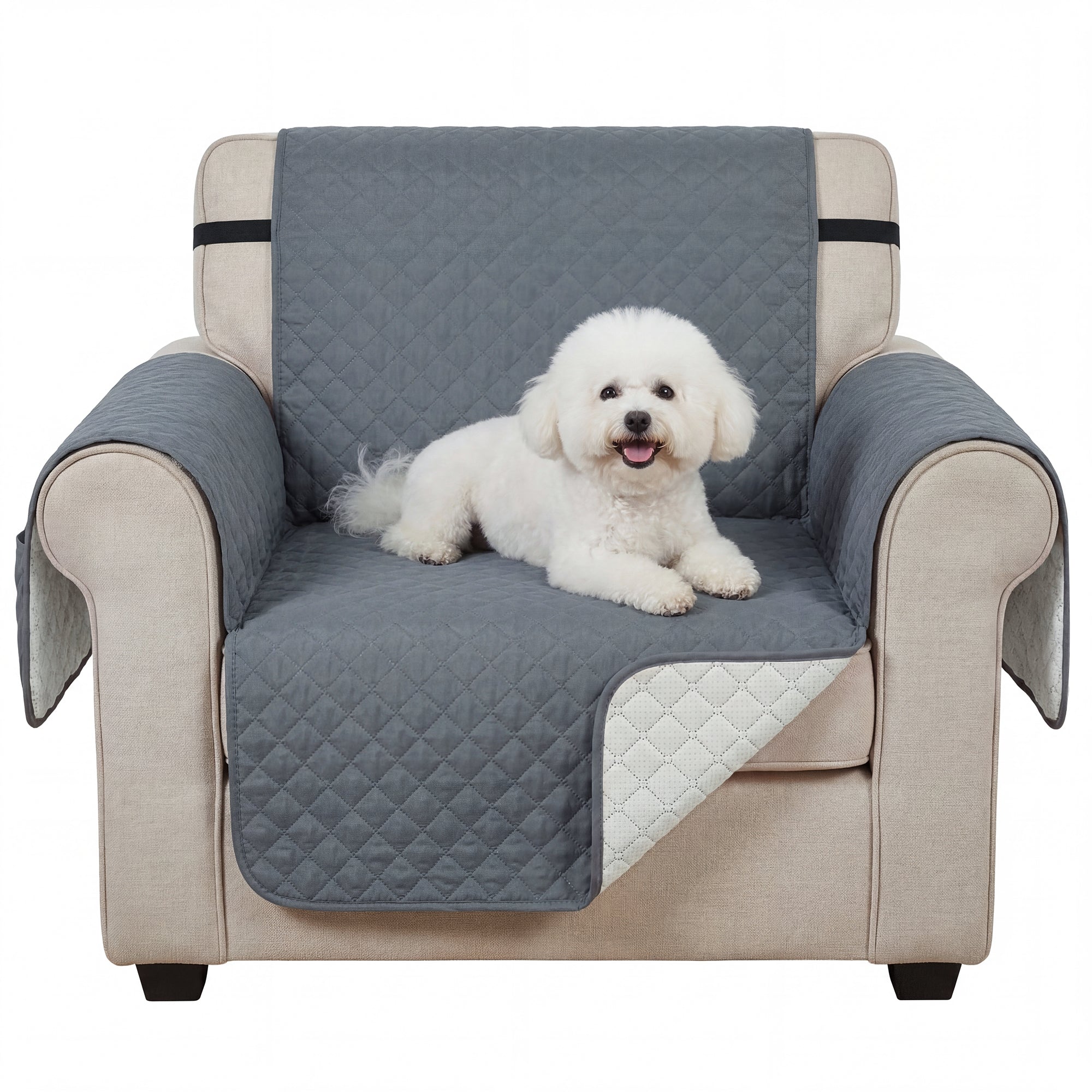 Waterproof Sofa Cover, Soft Couch Cover for Dogs Cats Pets, Non Slip Sofa Slipcoevr with Elastic Straps Furniture Protector for Living Room, Grey