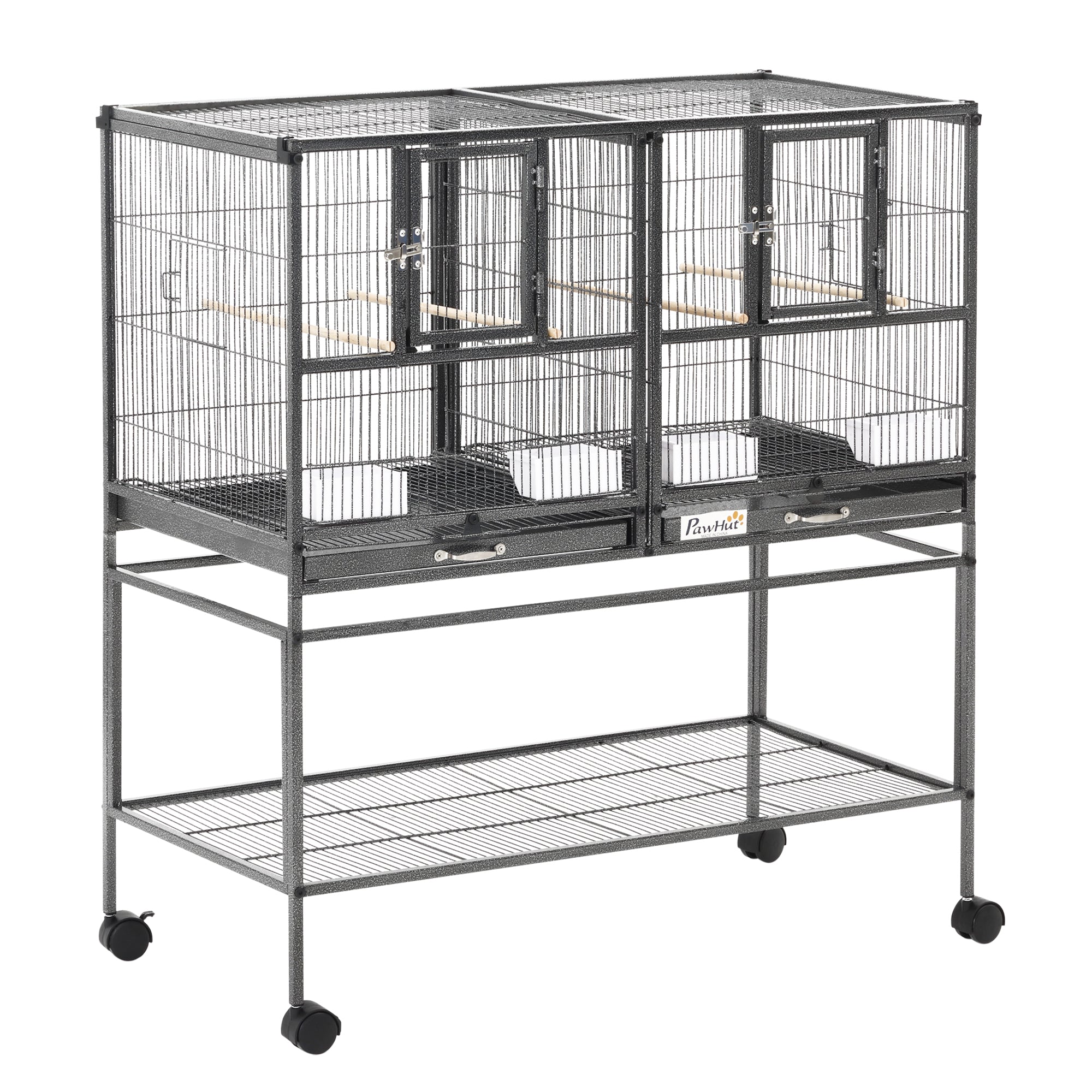 Divided Breeder Bird Cage with Rolling Stand Removable Metal Tray, Storage Shelf, Wood Perch, and Food Container