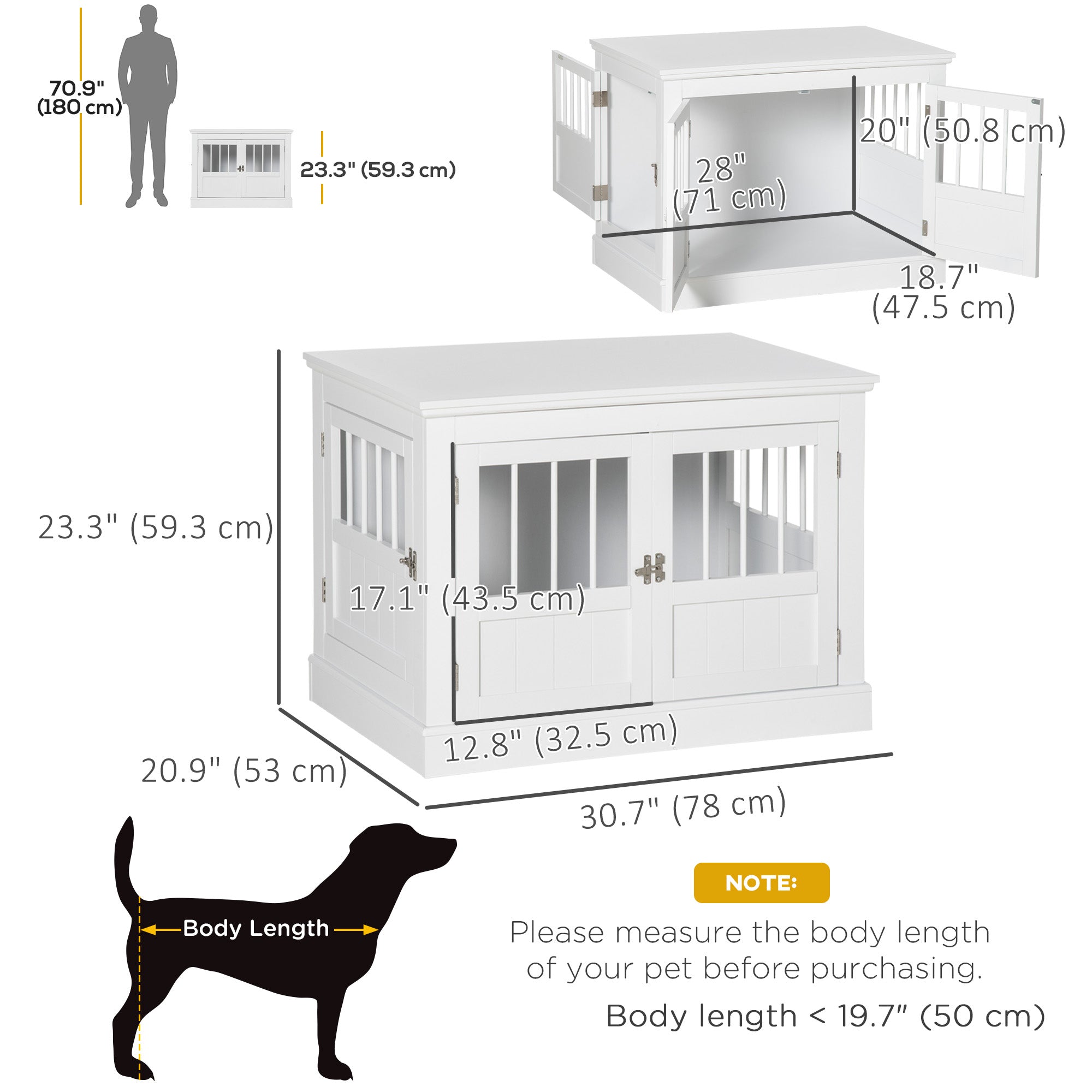 Dog Crate Furniture, 31" Dog Kennel Side End Table with Three Doors, Indoor Dog Cage for Small Dogs, White