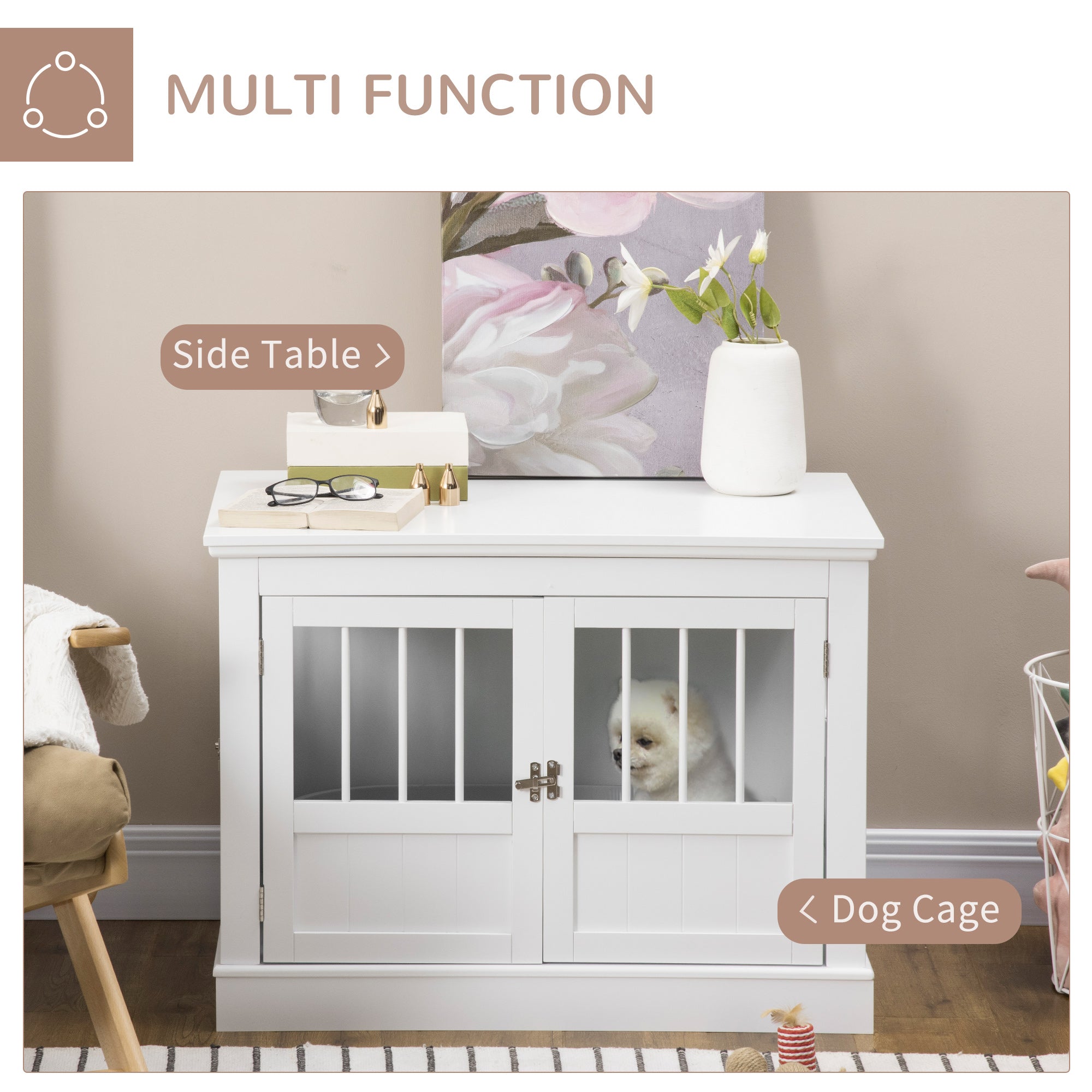 Dog Crate Furniture, 31" Dog Kennel Side End Table with Three Doors, Indoor Dog Cage for Small Dogs, White