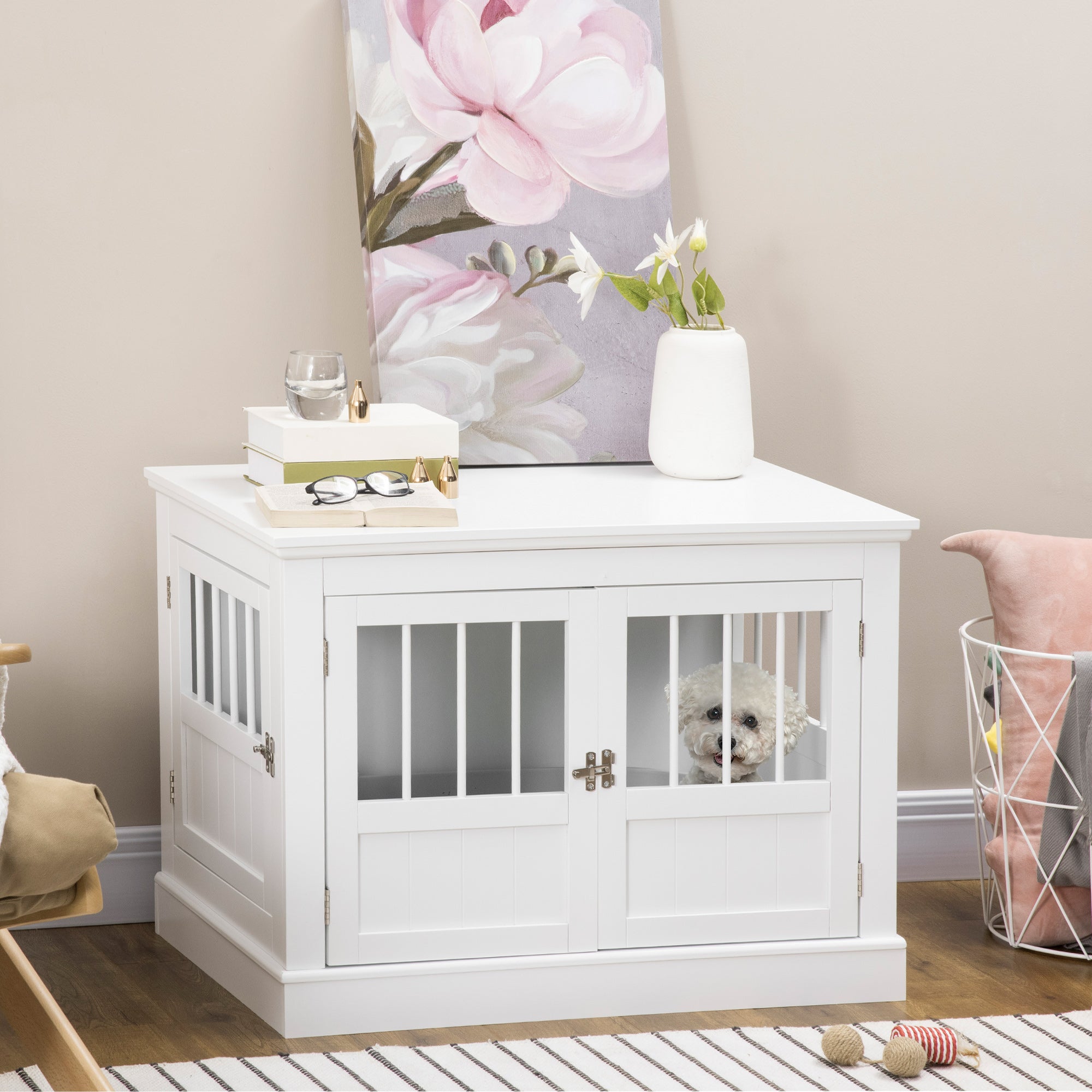 Dog Crate Furniture, 31" Dog Kennel Side End Table with Three Doors, Indoor Dog Cage for Small Dogs, White