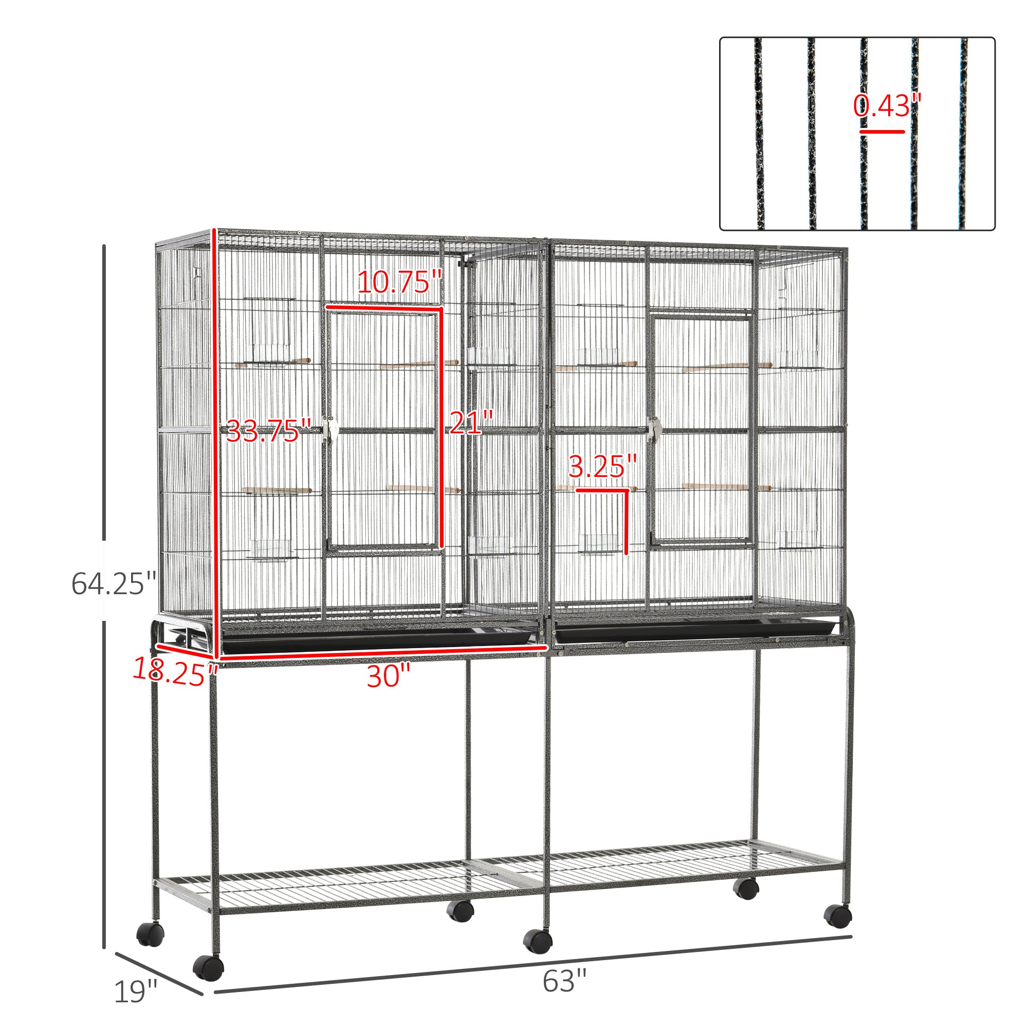 65" Double Rolling Metal Bird Cage with Divider, Large Parrot Cage for Parakeet, Canaries, Lovebirds, Budgie, Finch, with Detachable Rolling Stand, Storage Shelf, Wood Perch & Food Container