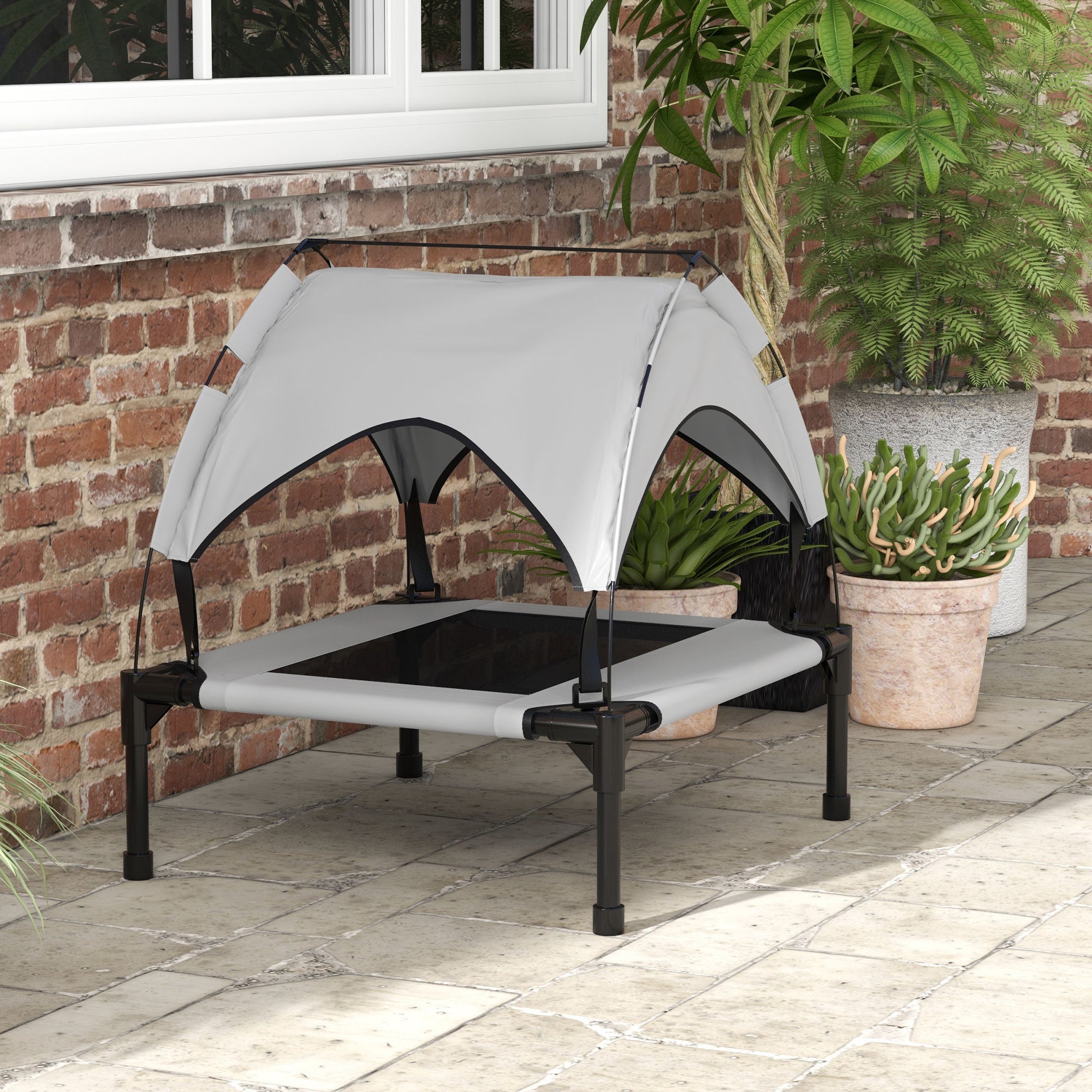 Elevated Dog Bed with Canopy, Cooling Dog Cot Bed for Camping, Portable Raised Pet Cot with Washable Breathable Mesh, for Indoor Outdoor, S & M Dogs, 30" x 24" x 27", Grey