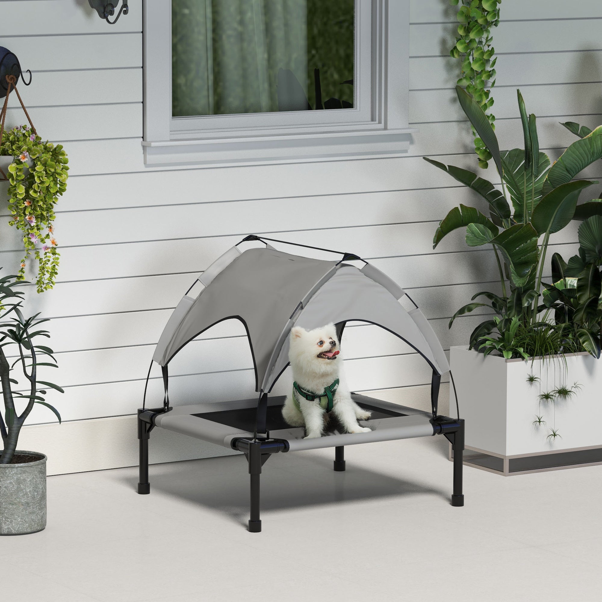 Elevated Dog Bed with Canopy, Cooling Dog Cot Bed for Camping, Portable Raised Pet Cot with Washable Breathable Mesh, for Indoor Outdoor, S & M Dogs, 30" x 24" x 27", Grey