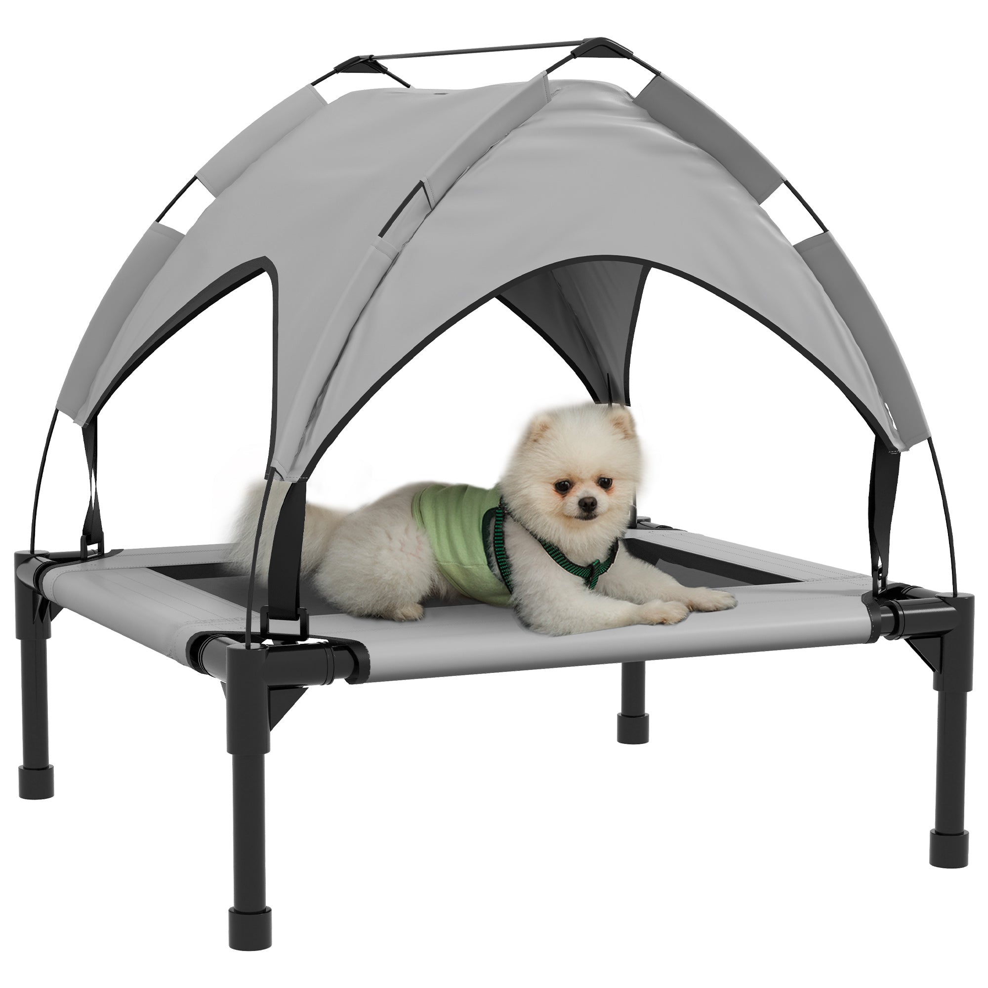 Elevated Dog Bed with Canopy, Cooling Dog Cot Bed for Camping, Portable Raised Pet Cot with Washable Breathable Mesh, for Indoor Outdoor, S & M Dogs, 30" x 24" x 27", Grey