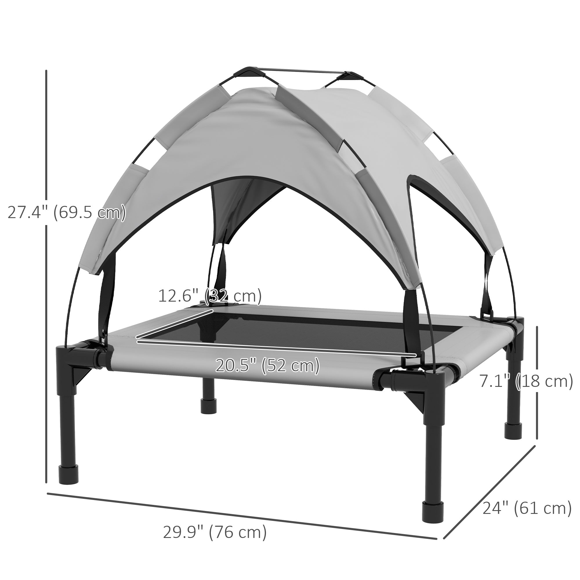 Elevated Dog Bed with Canopy, Cooling Dog Cot Bed for Camping, Portable Raised Pet Cot with Washable Breathable Mesh, for Indoor Outdoor, S & M Dogs, 30" x 24" x 27", Grey