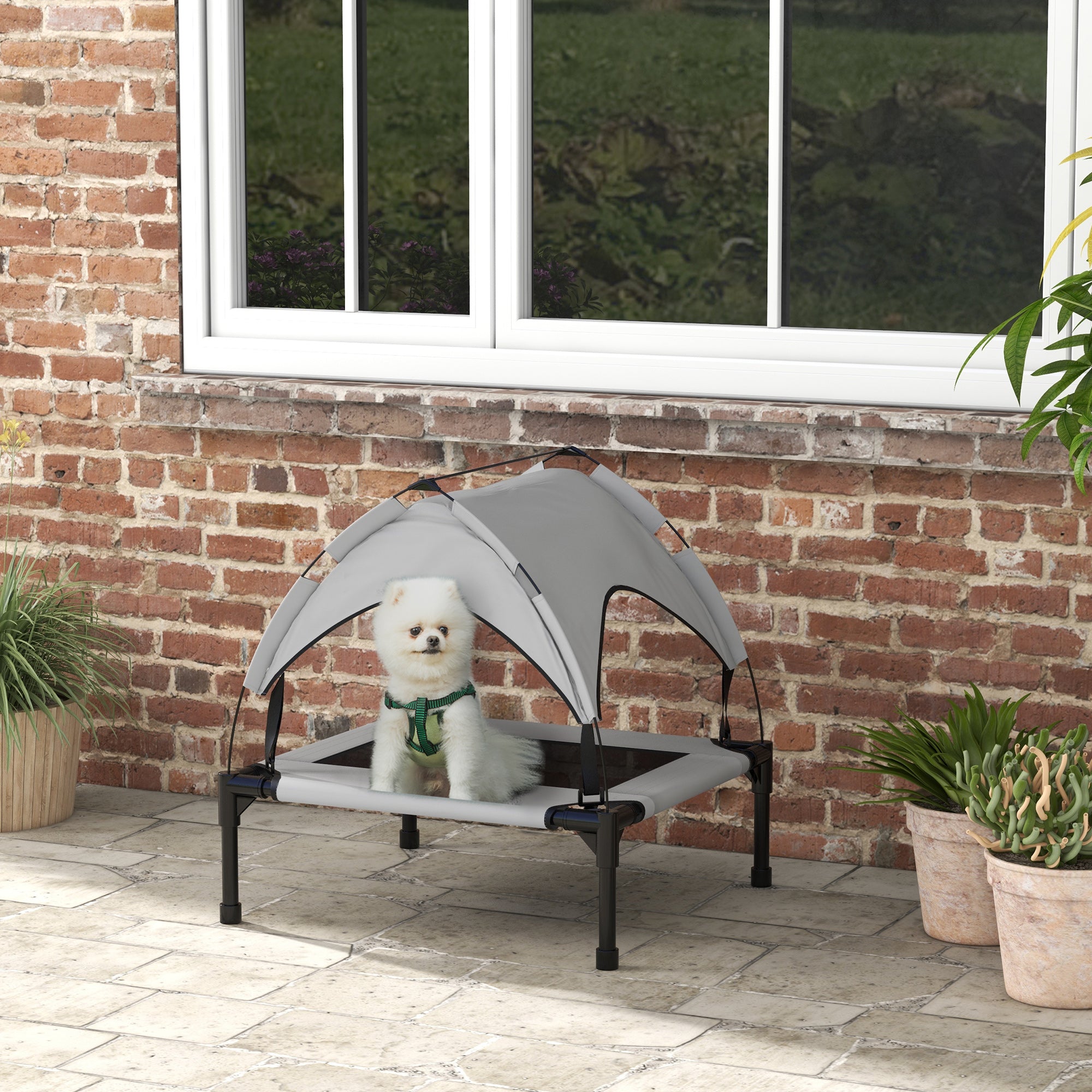 Elevated Dog Bed with Canopy, Cooling Dog Cot Bed for Camping, Portable Raised Pet Cot with Washable Breathable Mesh, for Indoor Outdoor, S & M Dogs, 30" x 24" x 27", Grey