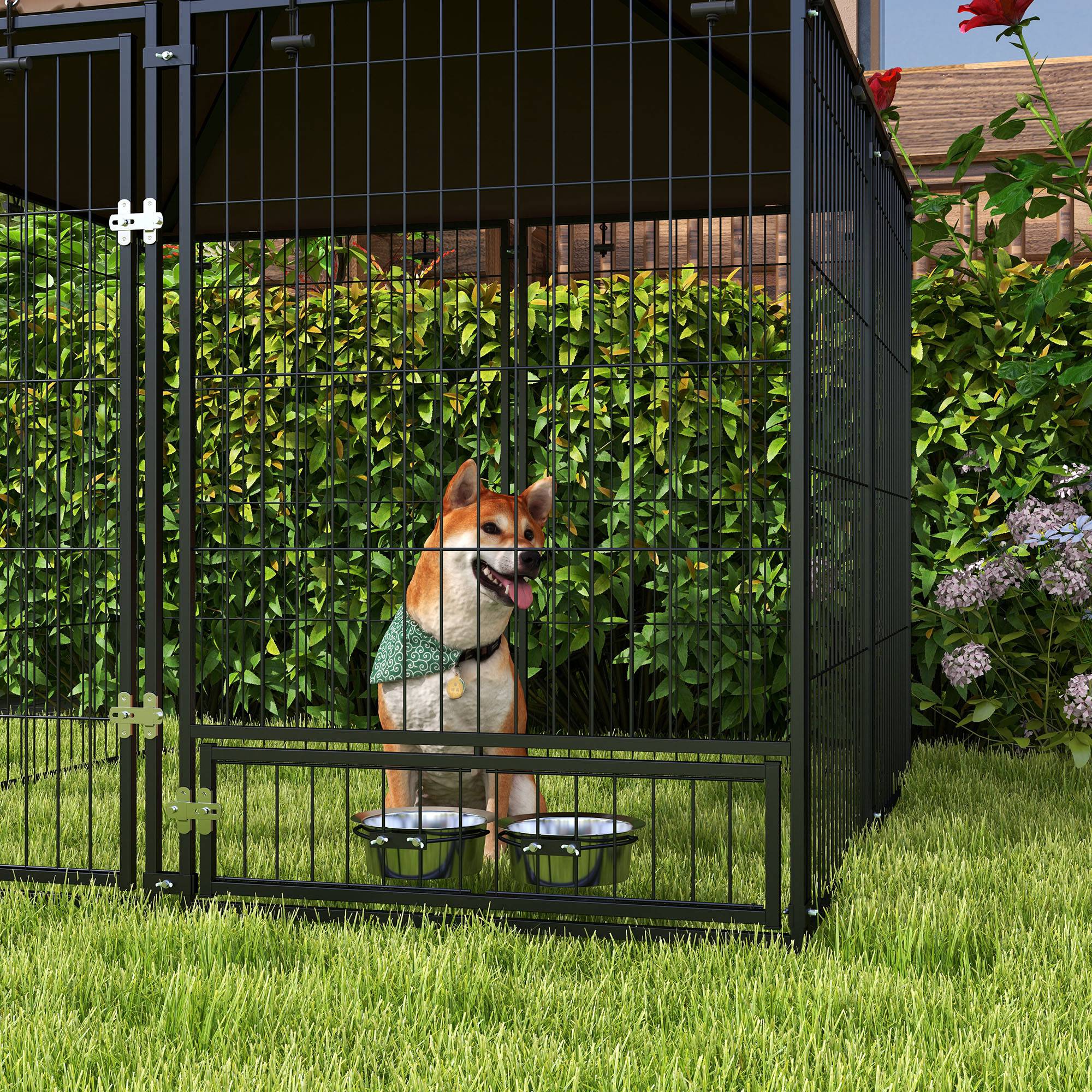 PawHut Outside Dog Kennel, 4.6' x 4.6' x 5' Puppy Play Pen with Canopy, Garden Playpen Fence Crate Enclosure Cage Rotating Bowl, Black