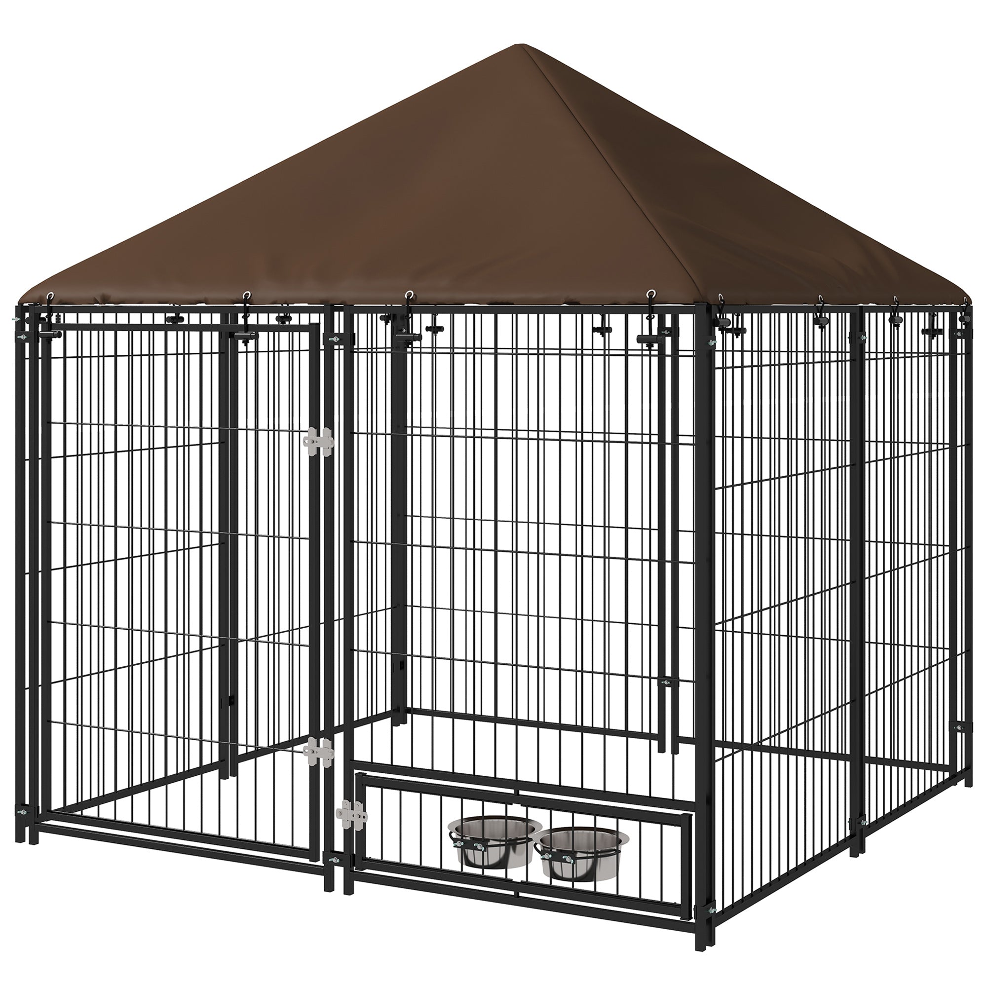 PawHut Outside Dog Kennel, 4.6' x 4.6' x 5' Puppy Play Pen with Canopy, Garden Playpen Fence Crate Enclosure Cage Rotating Bowl, Black