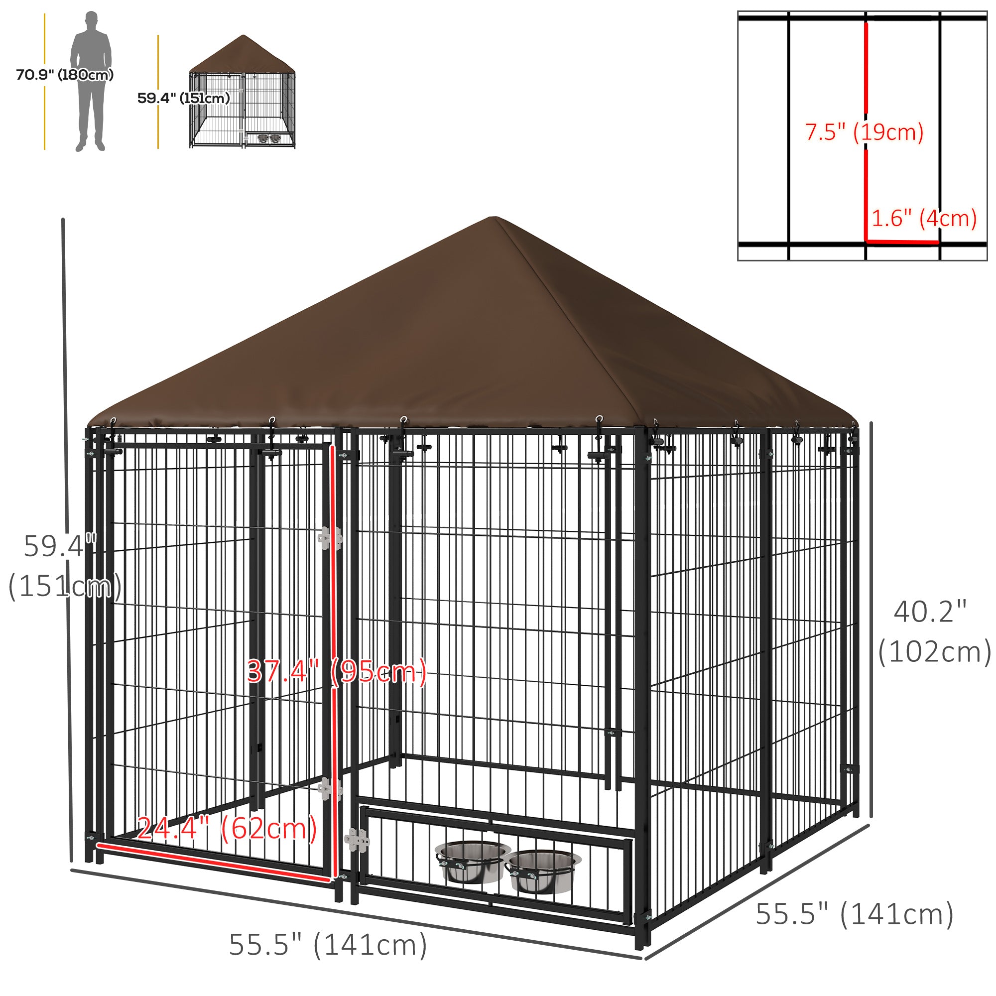 Large Dog Run, 4.6' x 4.6' x 5' Outdoor Dog Kennel with Canopy, Rotating Bowls, Door for Backyard & Garden, Coffee