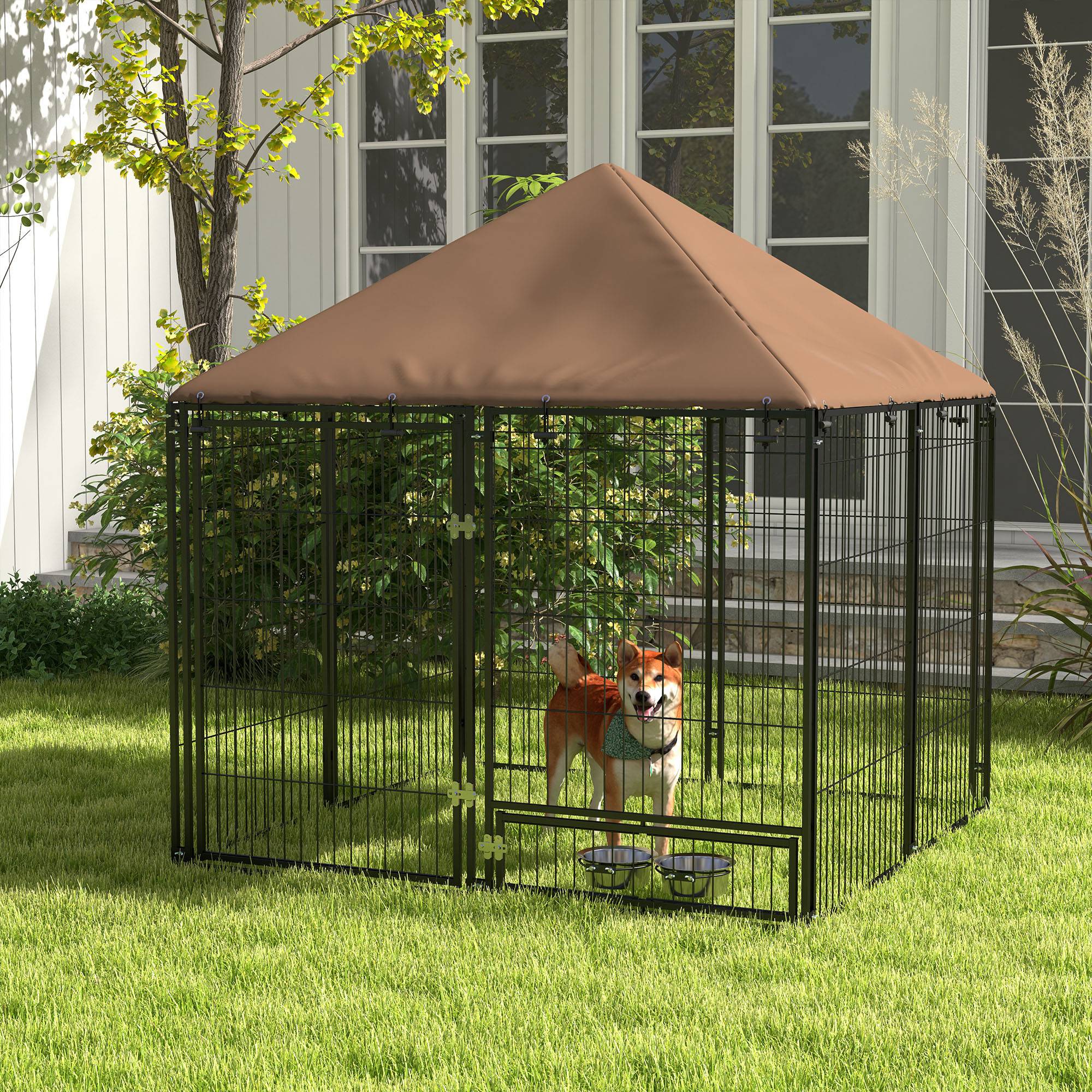 PawHut Outside Dog Kennel, 4.6' x 4.6' x 5' Puppy Play Pen with Canopy, Garden Playpen Fence Crate Enclosure Cage Rotating Bowl, Black