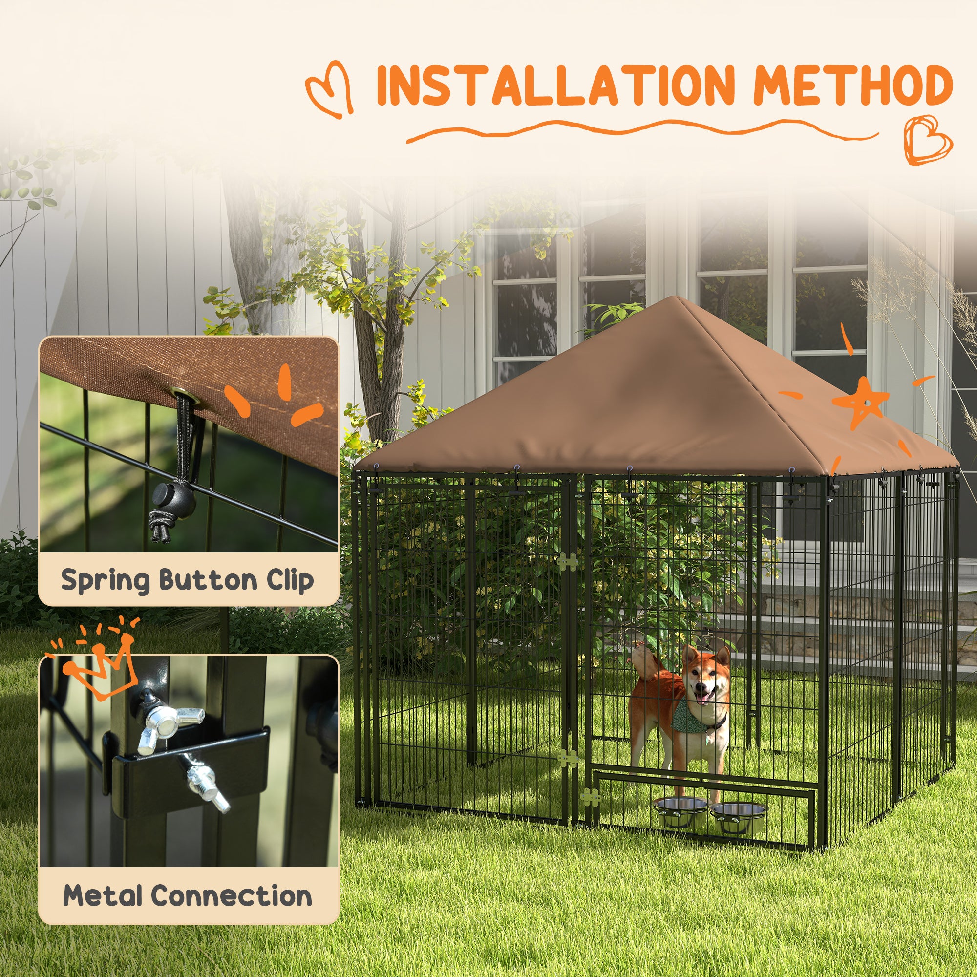 PawHut Outside Dog Kennel, 4.6' x 4.6' x 5' Puppy Play Pen with Canopy, Garden Playpen Fence Crate Enclosure Cage Rotating Bowl, Black