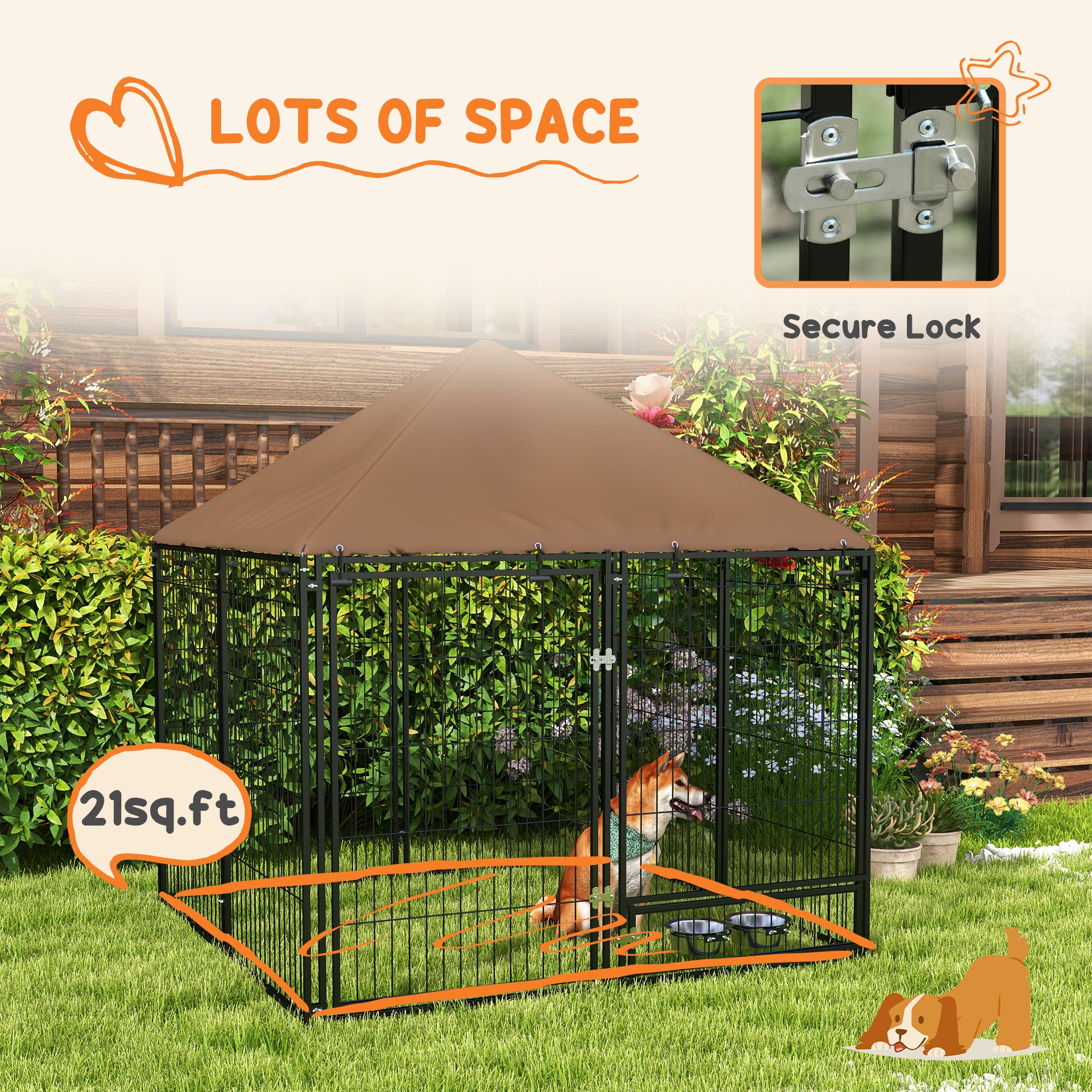 PawHut Outside Dog Kennel, 4.6' x 4.6' x 5' Puppy Play Pen with Canopy, Garden Playpen Fence Crate Enclosure Cage Rotating Bowl, Black