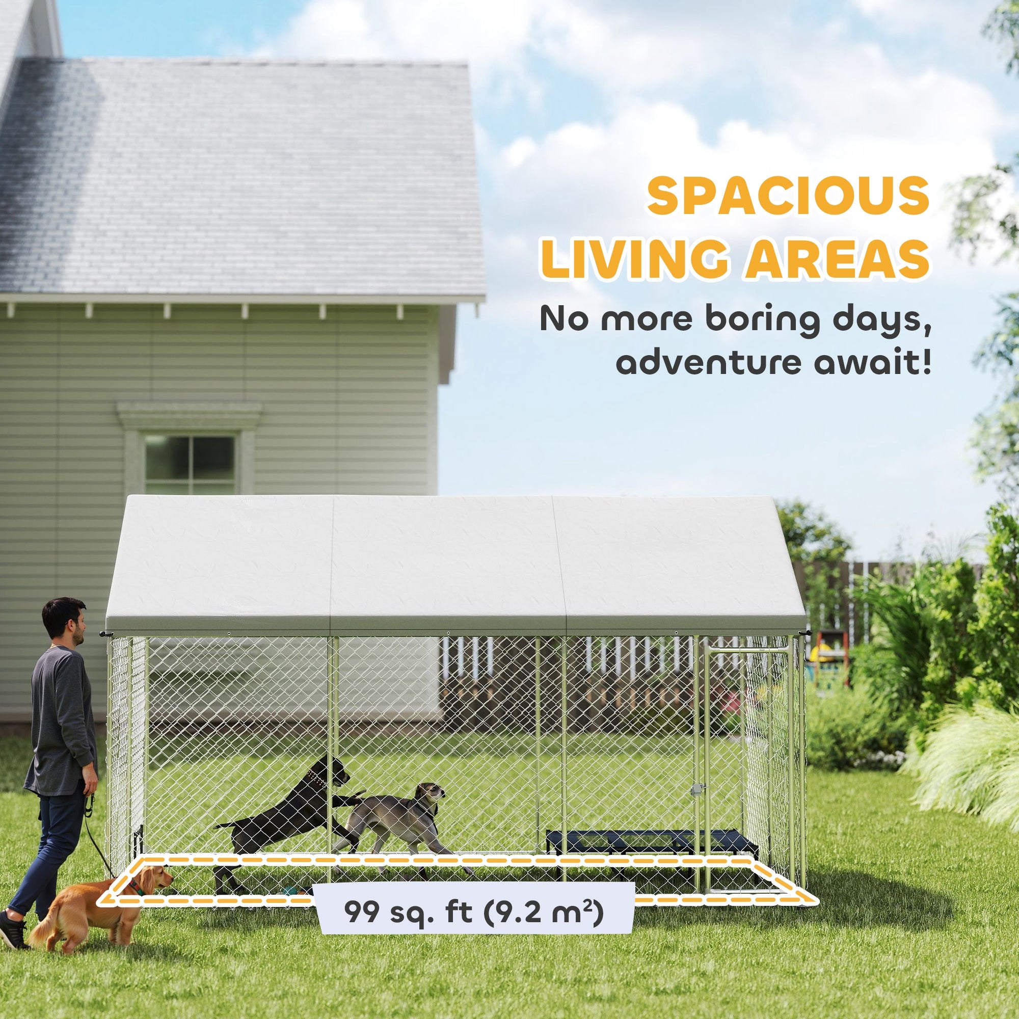 Outdoor Dog Kennel with Roof, Heavy Duty Galvanized Steel Dog Run Chain Link w/ Waterproof UV-Resistant Cover, Safety Lockable Latch System, 13.1' x 7.5' x 7.8