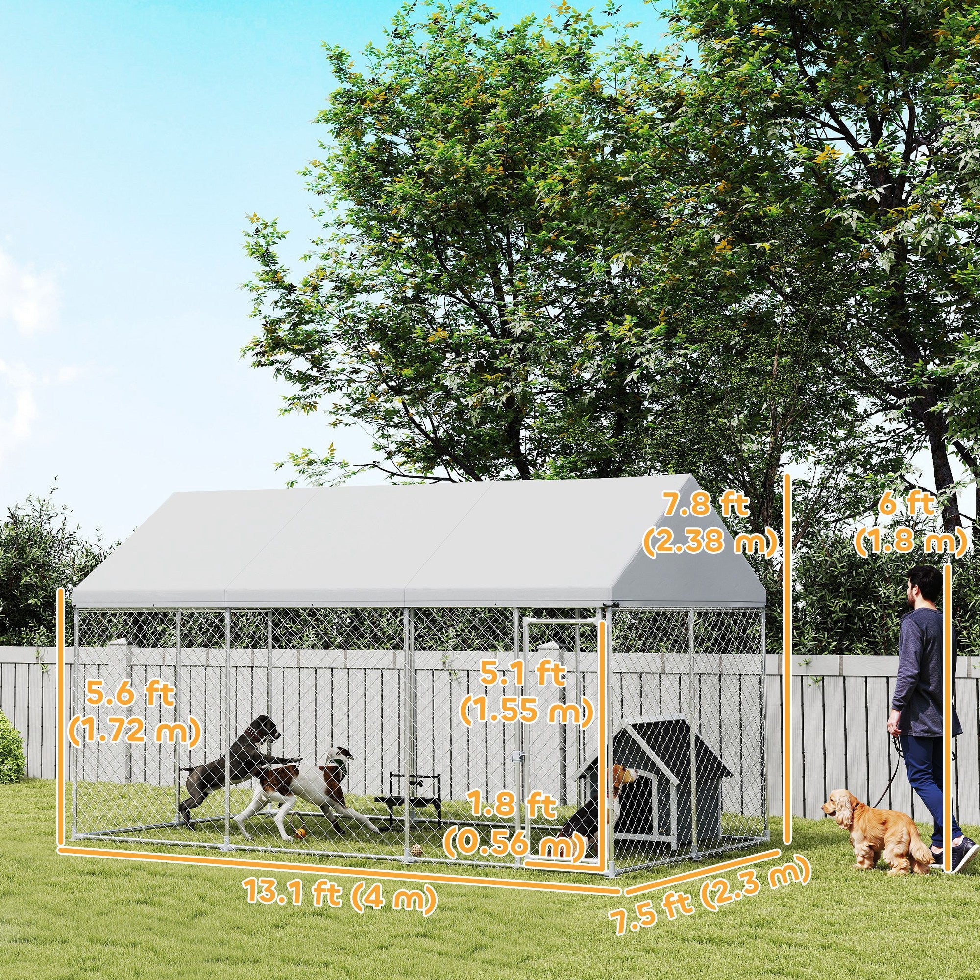 Outdoor Dog Kennel with Roof, Heavy Duty Galvanized Steel Dog Run Chain Link w/ Waterproof UV-Resistant Cover, Safety Lockable Latch System, 13.1' x 7.5' x 7.8