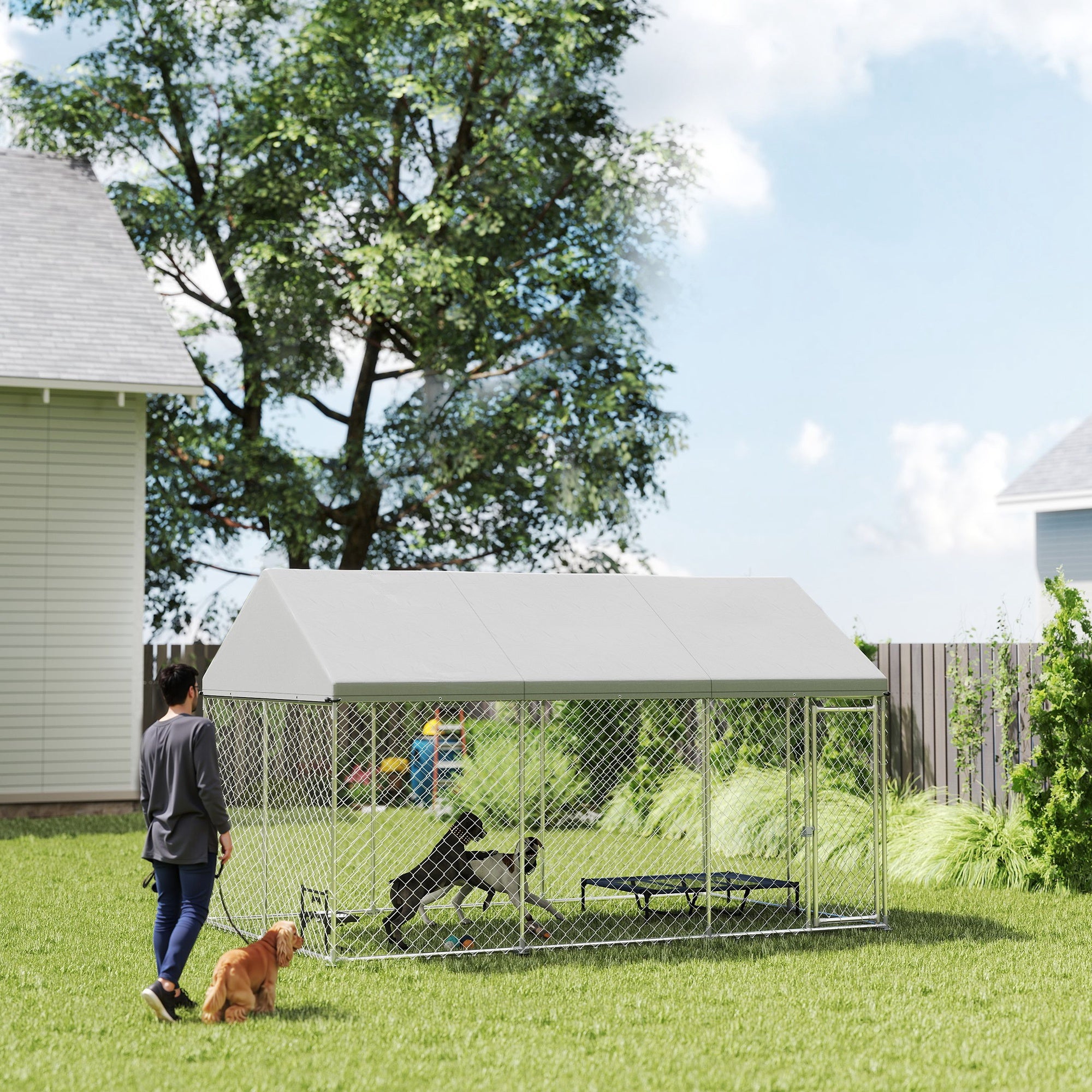 Outdoor Dog Kennel with Roof, Heavy Duty Galvanized Steel Dog Run Chain Link w/ Waterproof UV-Resistant Cover, Safety Lockable Latch System, 13.1' x 7.5' x 7.8