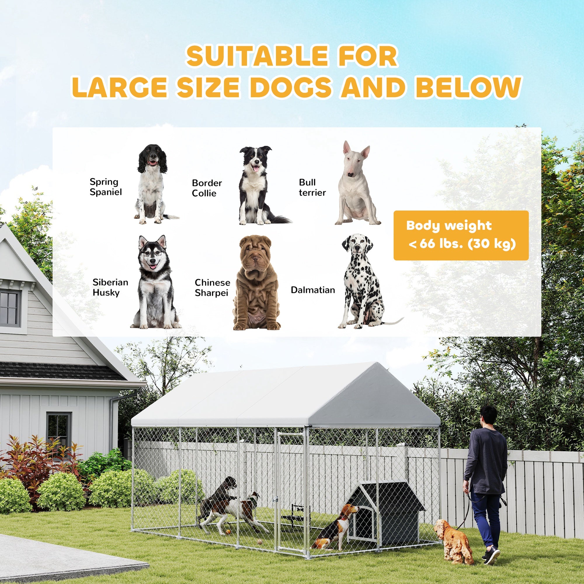 Outdoor Dog Kennel with Roof, Heavy Duty Galvanized Steel Dog Run Chain Link w/ Waterproof UV-Resistant Cover, Safety Lockable Latch System, 13.1' x 7.5' x 7.8