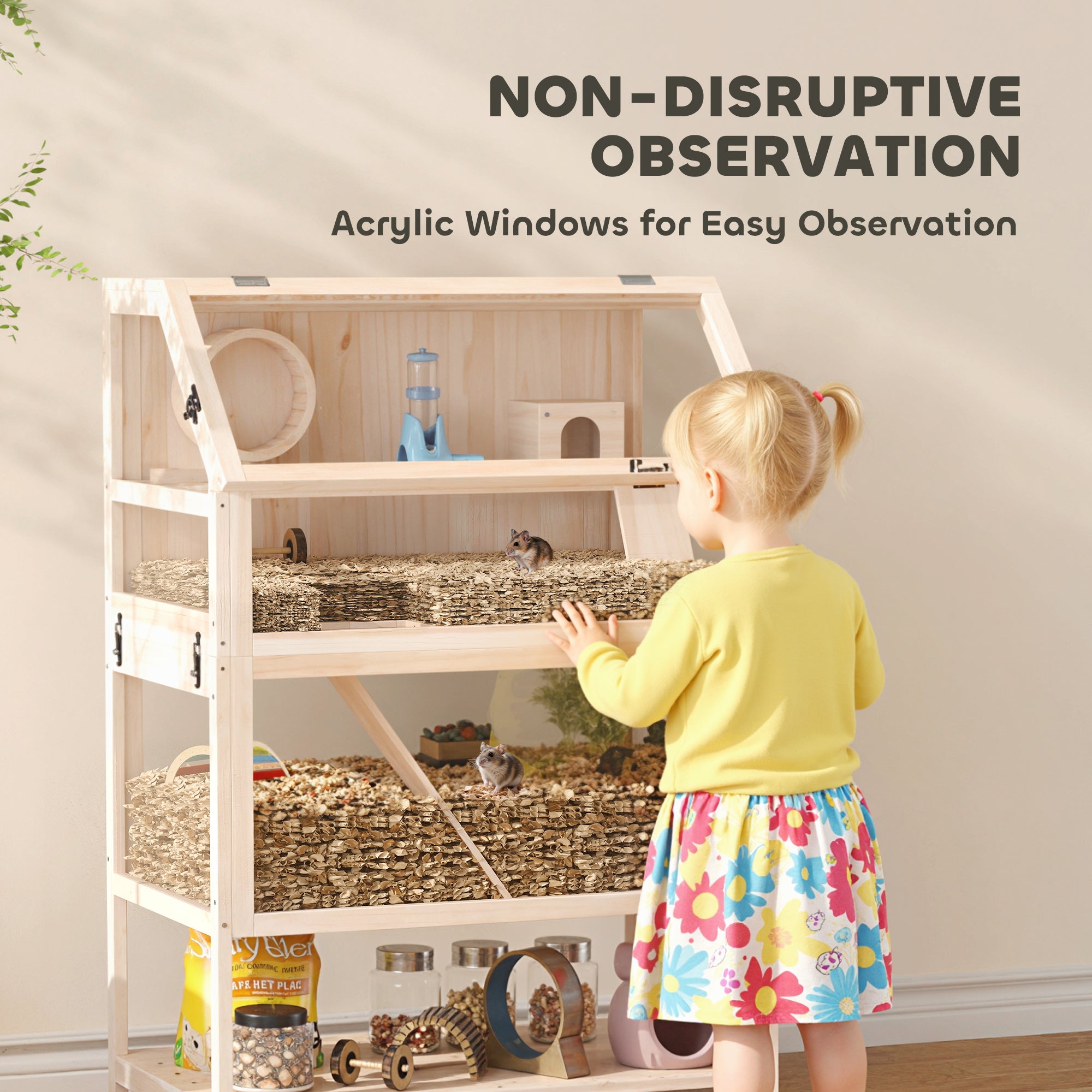 Wooden Hamster Cage, 3 Tier Small Animal Cage with Detachable Lower Floor, Storage Shelf, Hut, Seesaw, Exercise Wheel, Ramps, Hamster Habitat for Dwarf, Gerbil, 80L x 53W x 117H cm, Natural