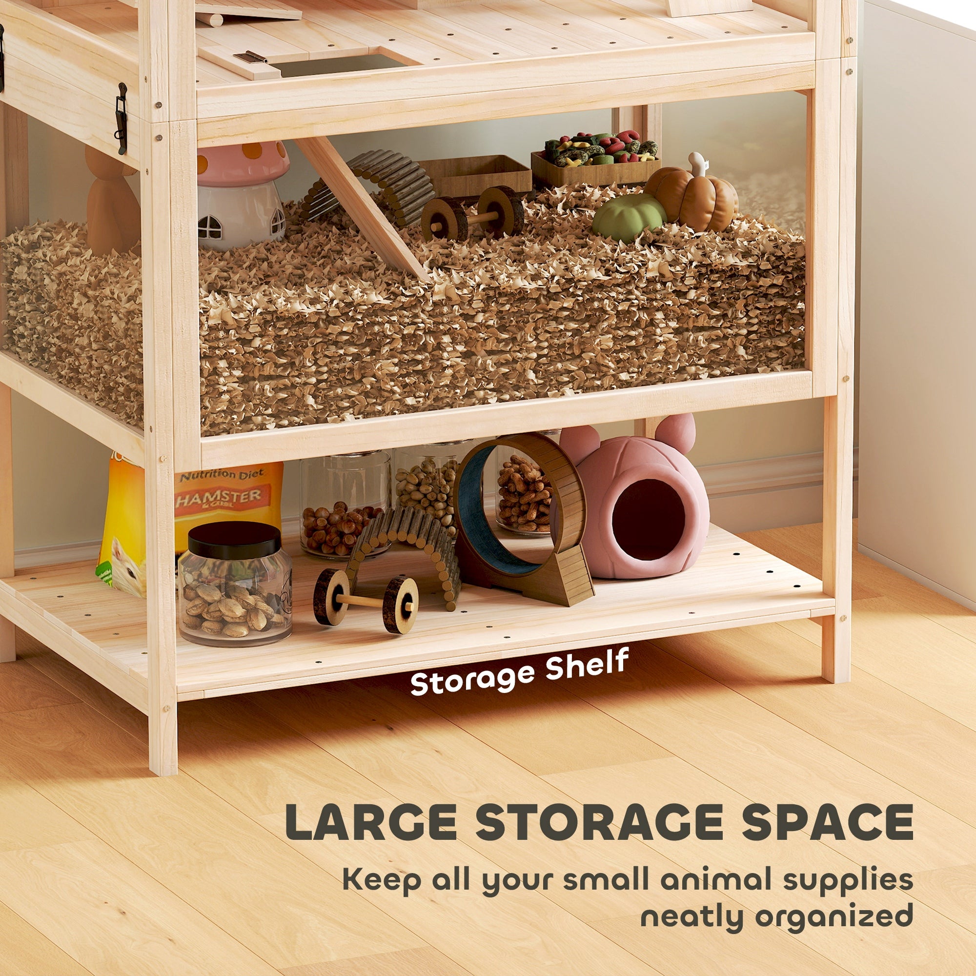 Wooden Hamster Cage, 3 Tier Small Animal Cage with Detachable Lower Floor, Storage Shelf, Hut, Seesaw, Exercise Wheel, Ramps, Hamster Habitat for Dwarf, Gerbil, 31.5" x 21" x 46"