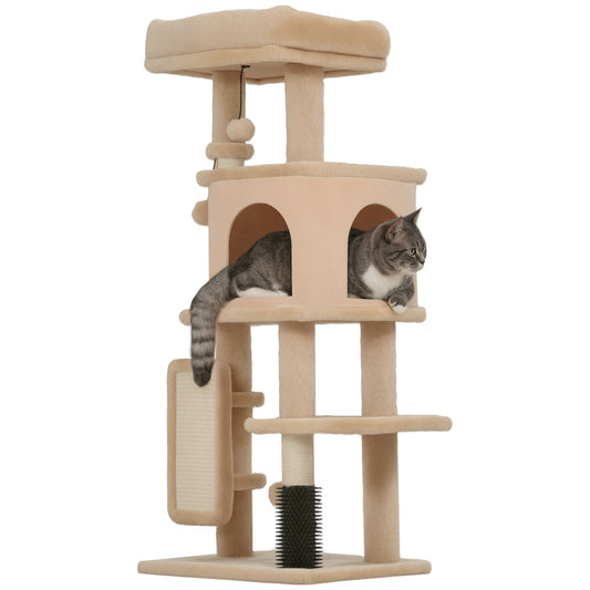 Cat Tree for Large Cat Adults, 41 Inch Cat Tower for Indoor Cats w/ Scratching Posts, Cat Bed, Condo, Grooming Brush, Jumping Platforms, Toy Balls, Anti-tip Kit, Beige