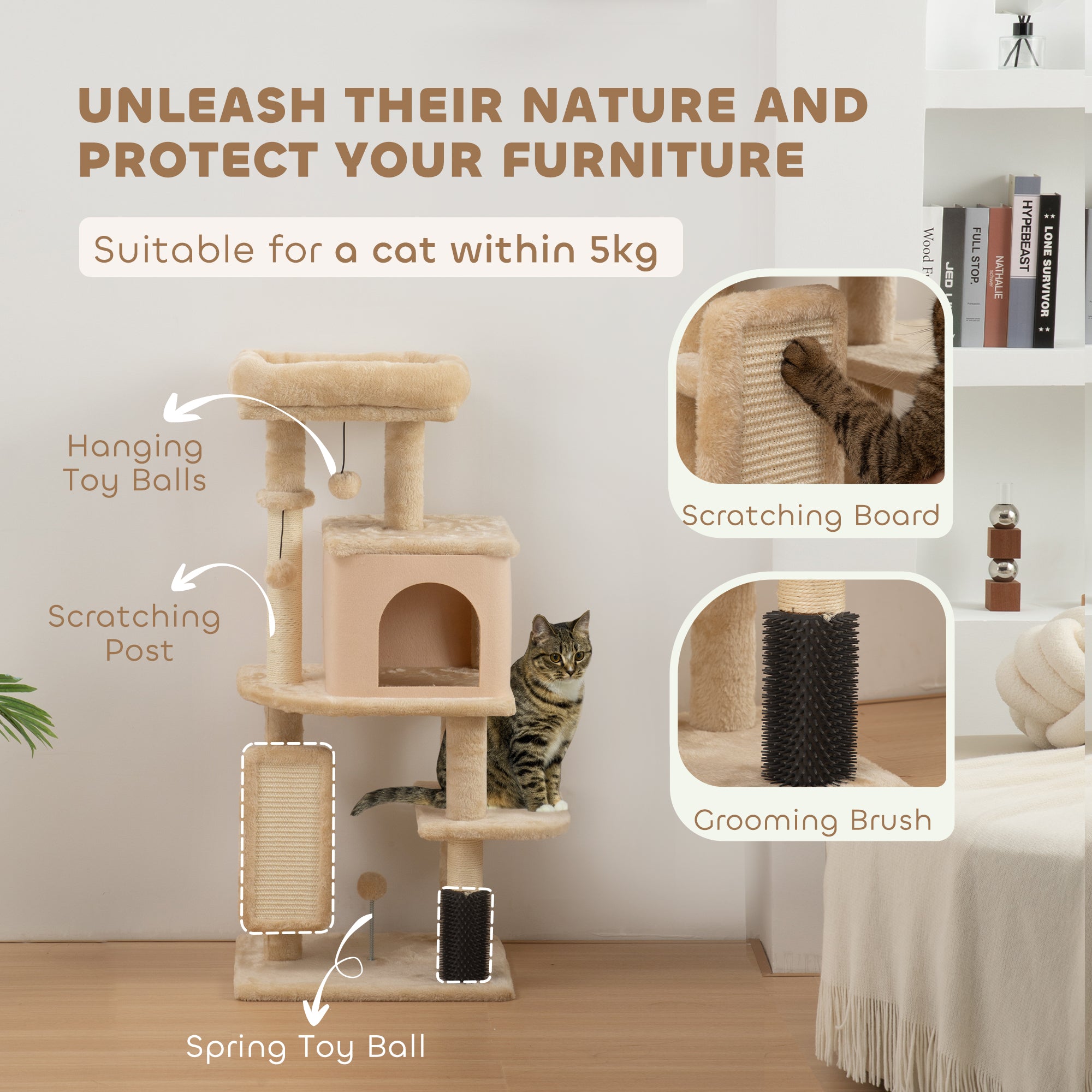 Cat Tree for Large Cat Adults, 41 Inch Cat Tower for Indoor Cats w/ Scratching Posts, Cat Bed, Condo, Grooming Brush, Jumping Platforms, Toy Balls, Anti-tip Kit, Beige