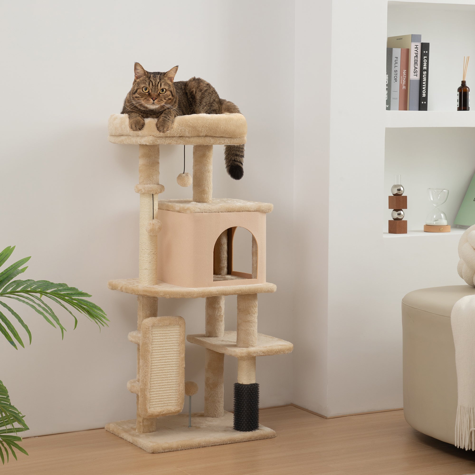 Cat Tree for Large Cat Adults, 41 Inch Cat Tower for Indoor Cats w/ Scratching Posts, Cat Bed, Condo, Grooming Brush, Jumping Platforms, Toy Balls, Anti-tip Kit, Beige