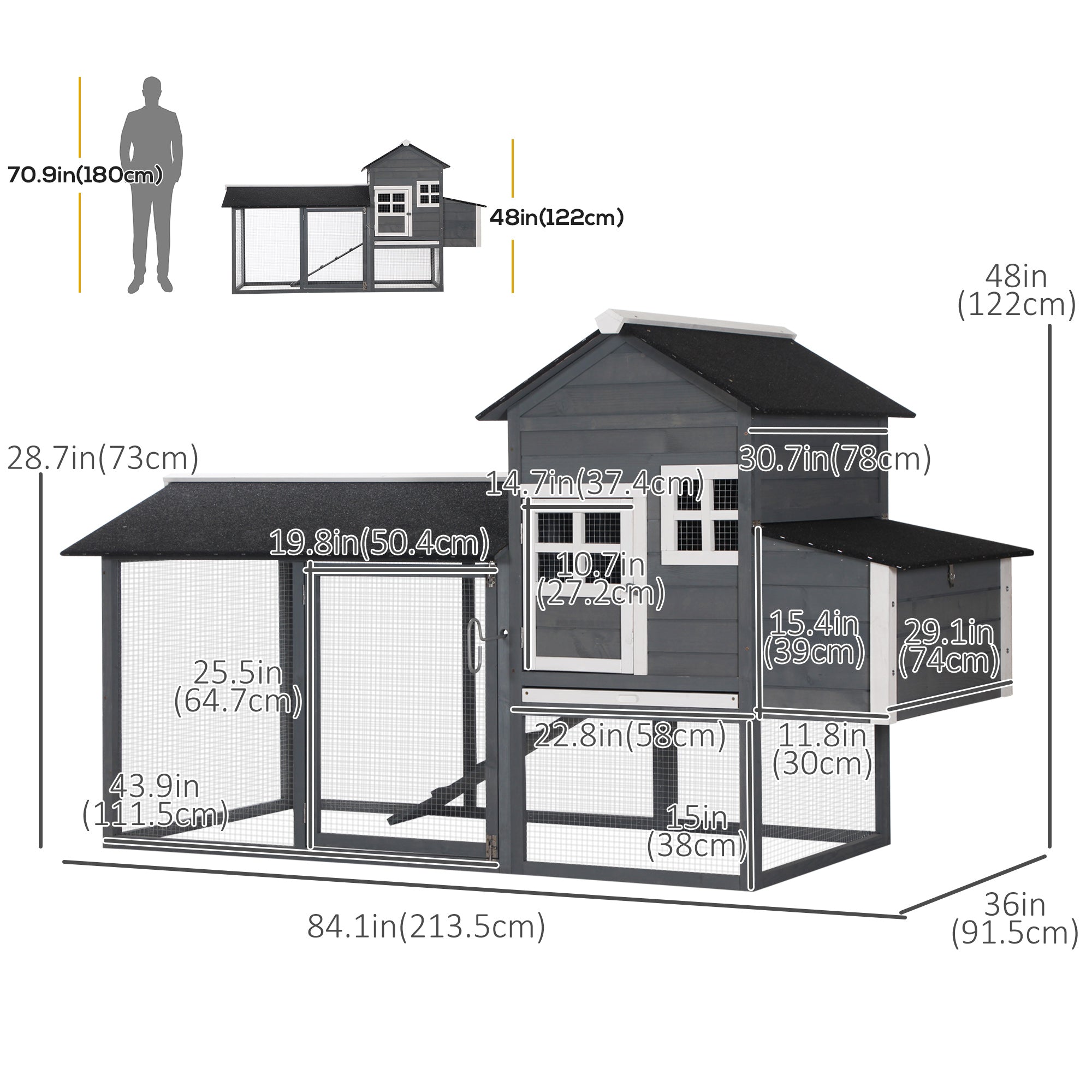 84" Chicken Coop Wooden Hen House Rabbit Hutch Poultry Cage Pen Outdoor Backyard with Nesting Box and Run, Grey
