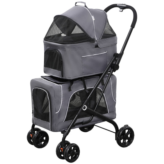 3-in-1 Double Pet Stroller for Small Miniature Dogs Cats with Removable Carrier, Foldable Travel Carrier Bag, Car Seat, Grey