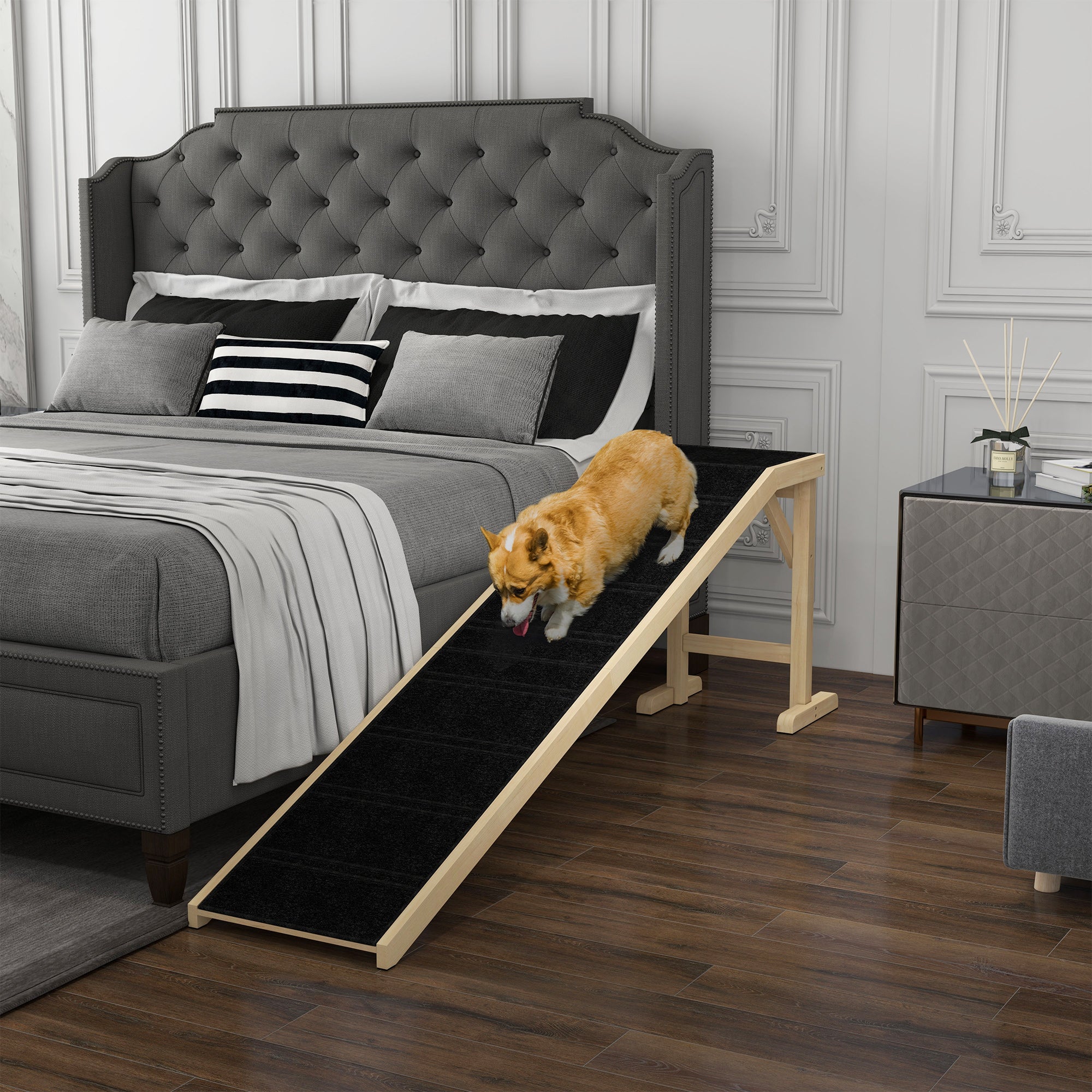 Pet Ramp Bed Steps for Dogs Cats Non-slip Carpet Top Platform Pine Wood 74"L x 16"W x 25"H Natural