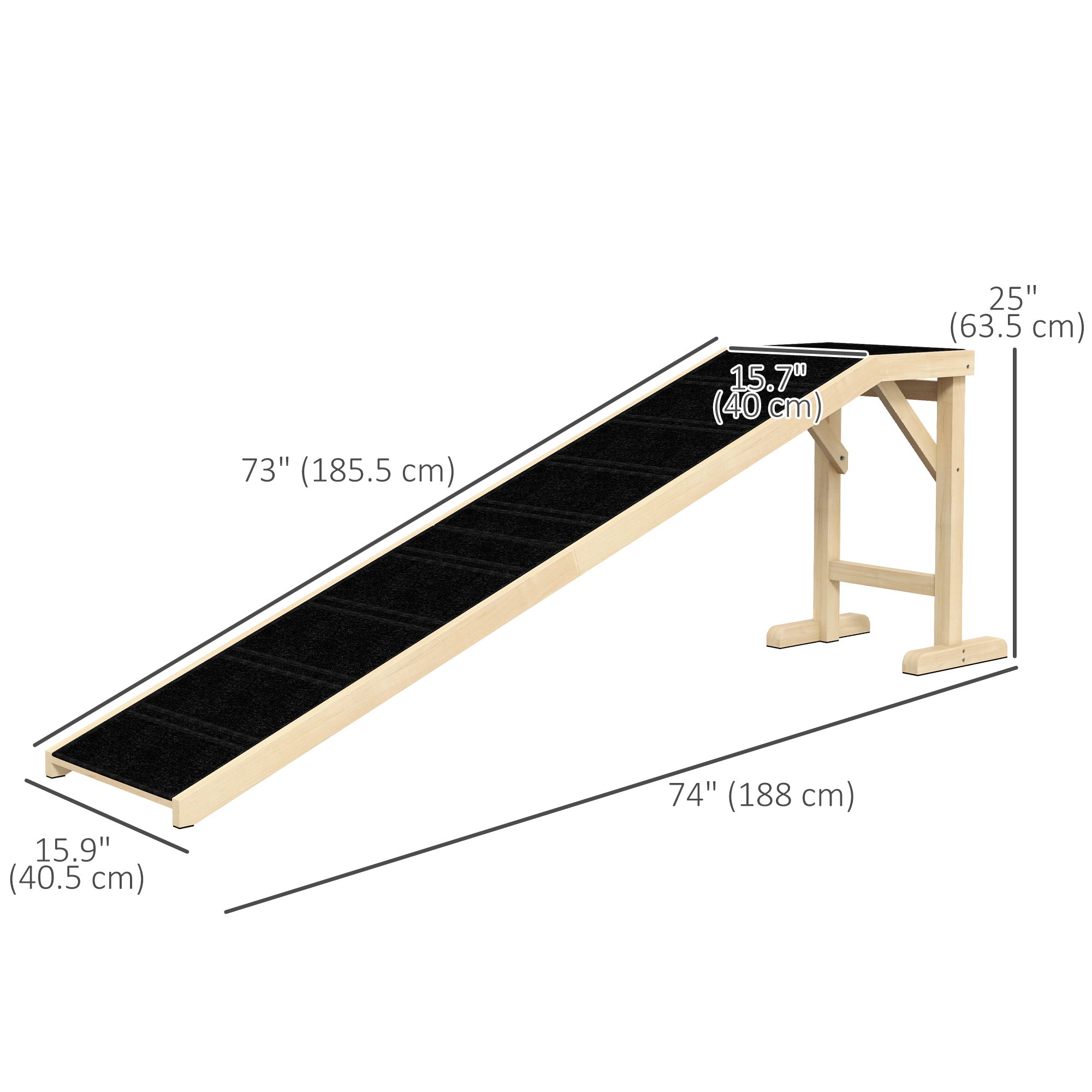 Pet Ramp Bed Steps for Dogs Cats Non-slip Carpet Top Platform Pine Wood 74"L x 16"W x 25"H Natural