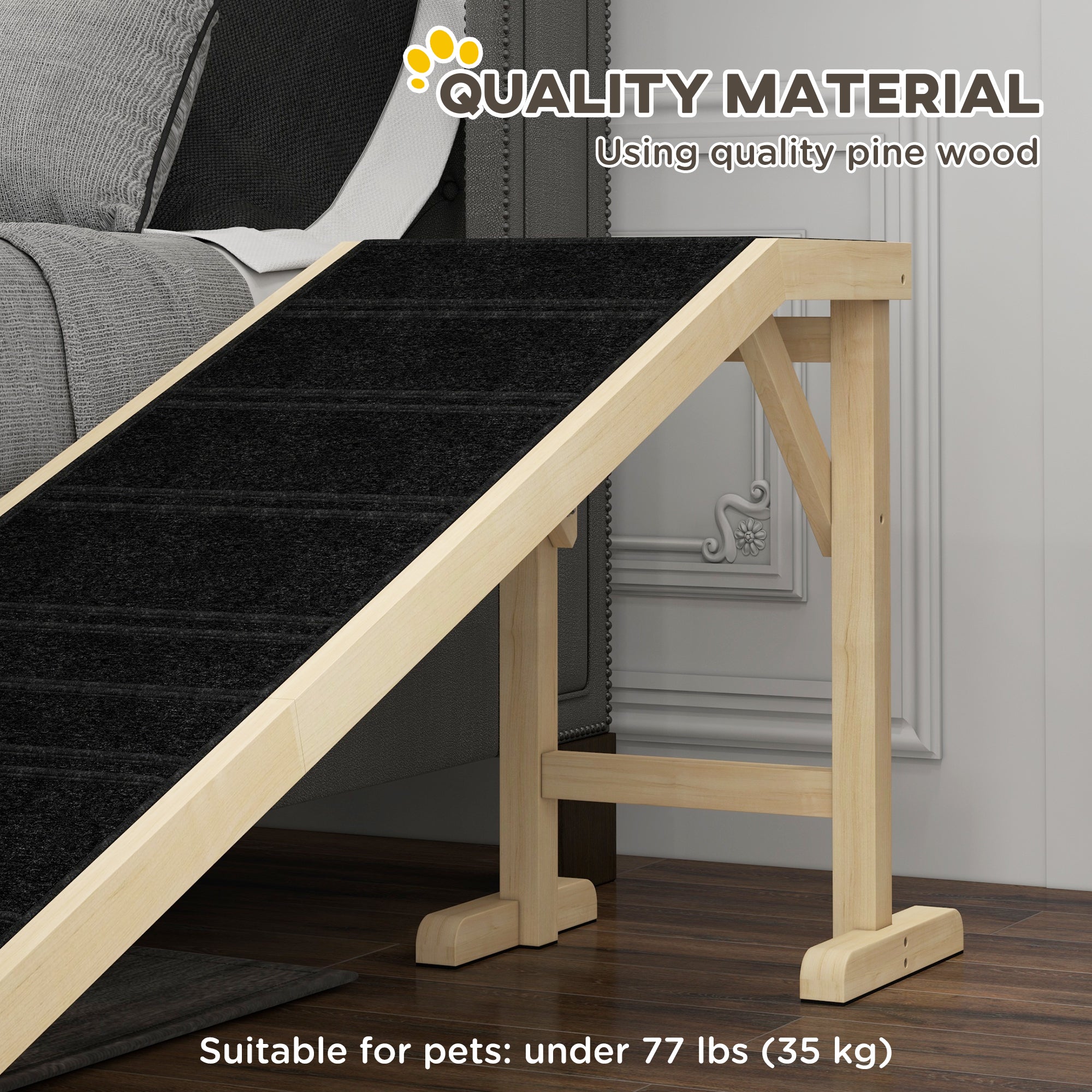 Pet Ramp Bed Steps for Dogs Cats Non-slip Carpet Top Platform Pine Wood 74"L x 16"W x 25"H Natural