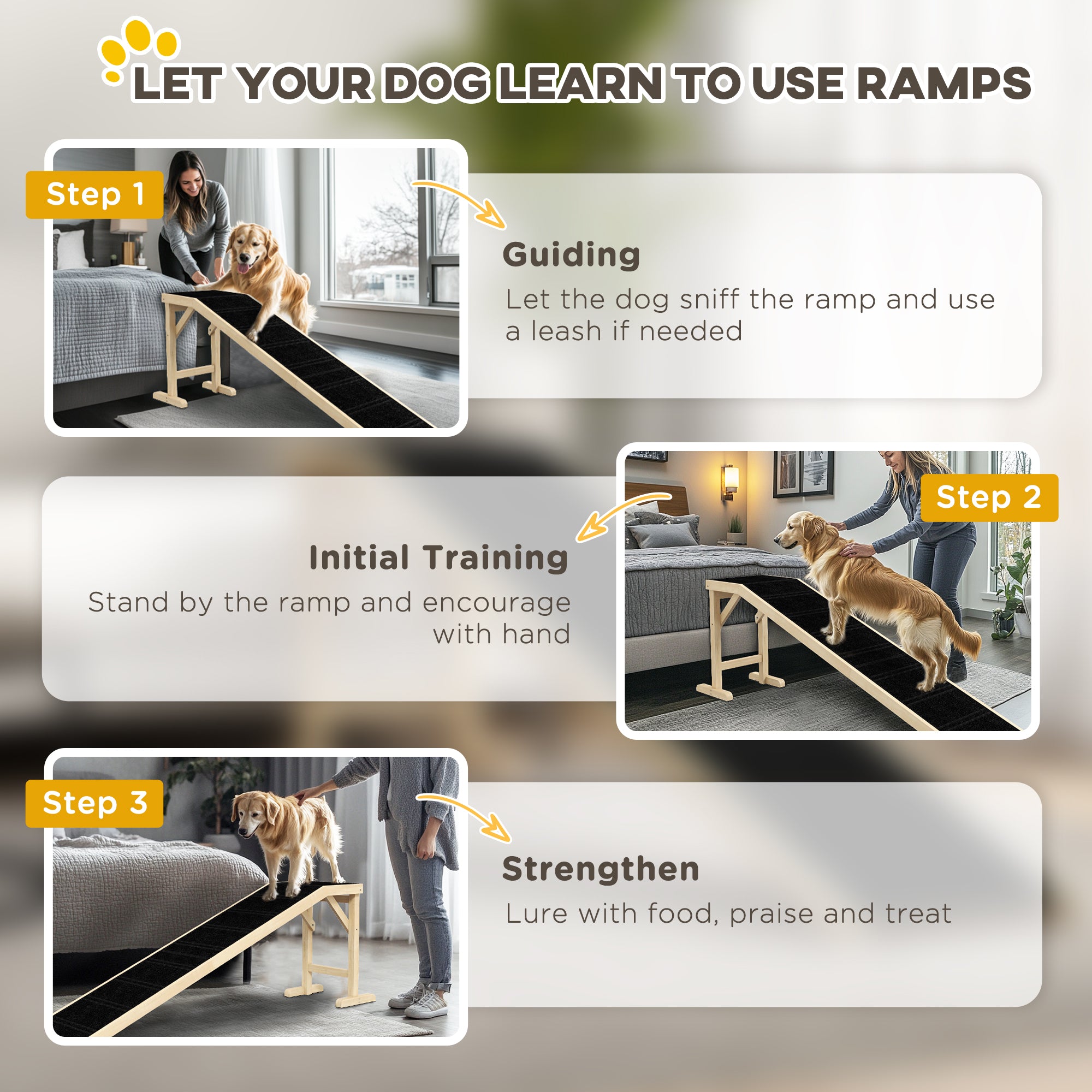 Pet Ramp Bed Steps for Dogs Cats Non-slip Carpet Top Platform Pine Wood 74"L x 16"W x 25"H Natural